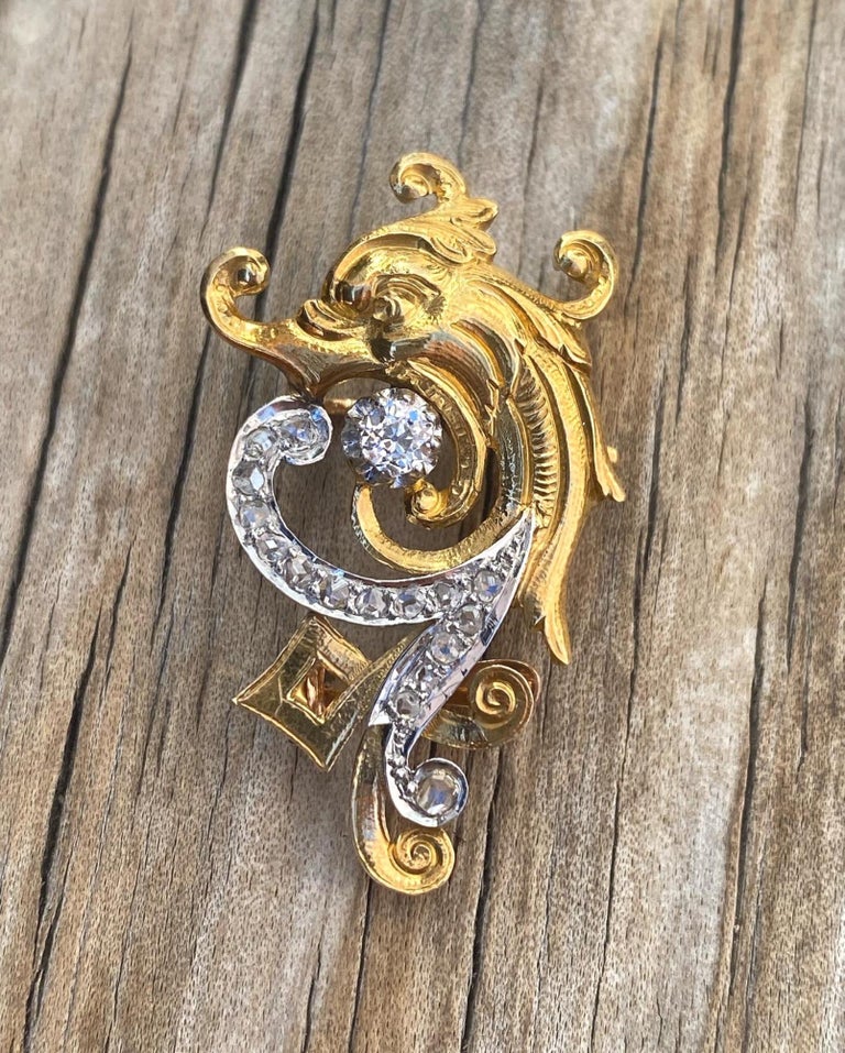 Art Nouveau French c.1920 Griffin 18K Gold Diamond Brooch For Sale at ...
