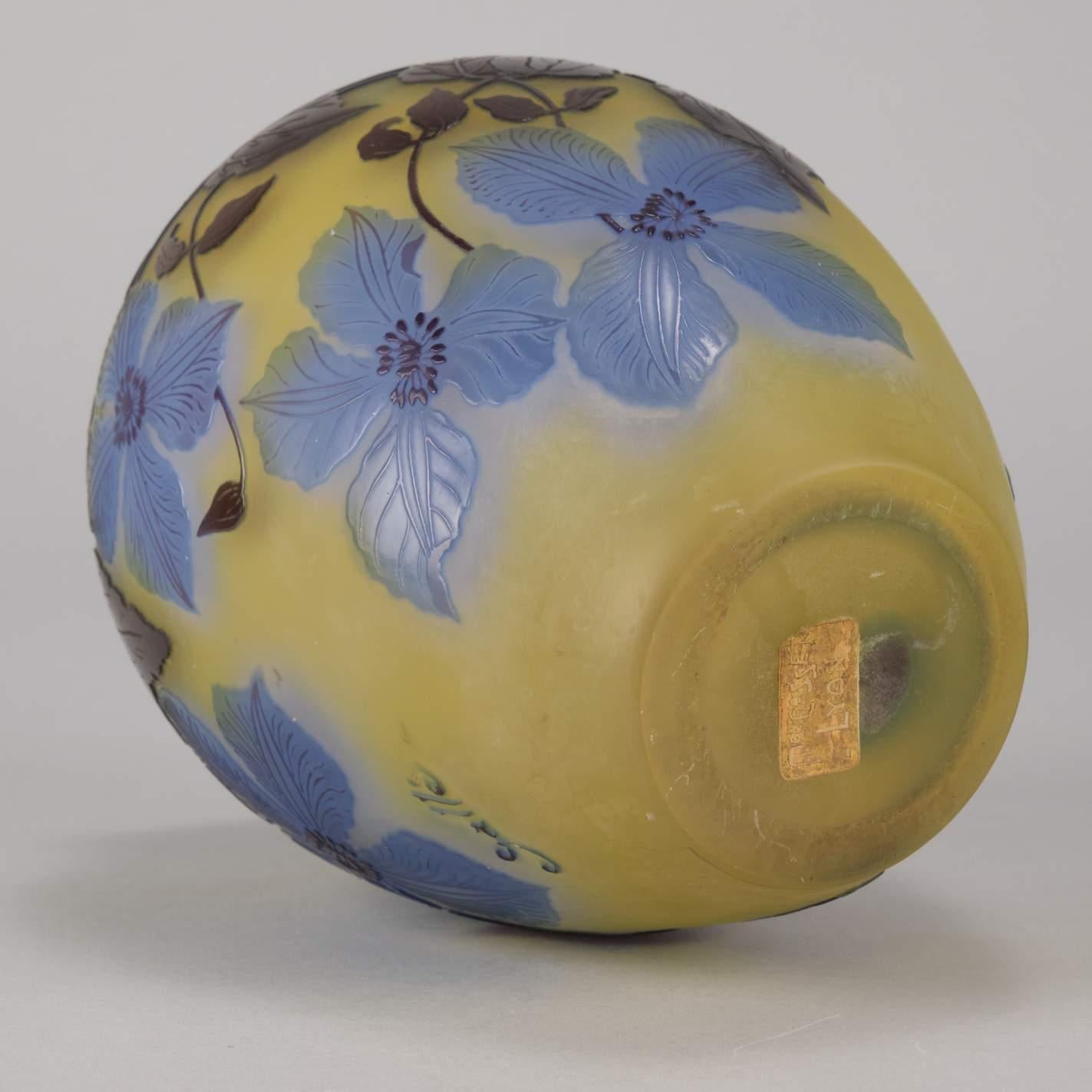Art Nouveau French Cameo Acid Etched Glass 'Blue Clematis Vase' by Emile Gallé 5