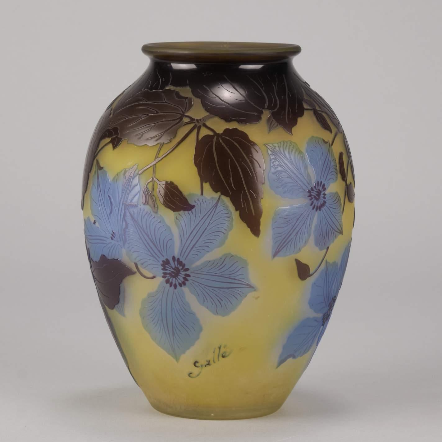 Engraved Art Nouveau French Cameo Acid Etched Glass 'Blue Clematis Vase' by Emile Gallé