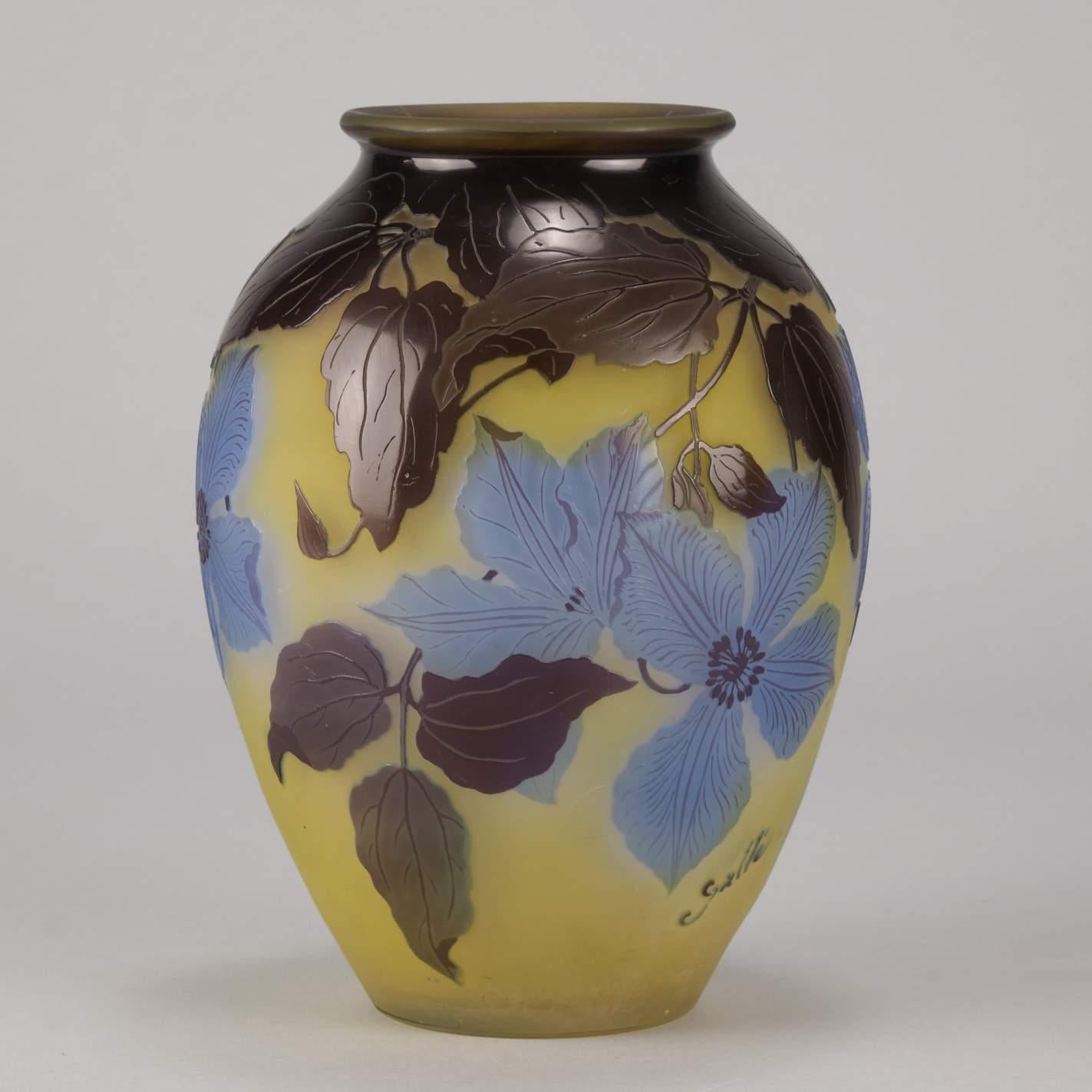 Art Nouveau French Cameo Acid Etched Glass 'Blue Clematis Vase' by Emile Gallé In Good Condition In London, GB