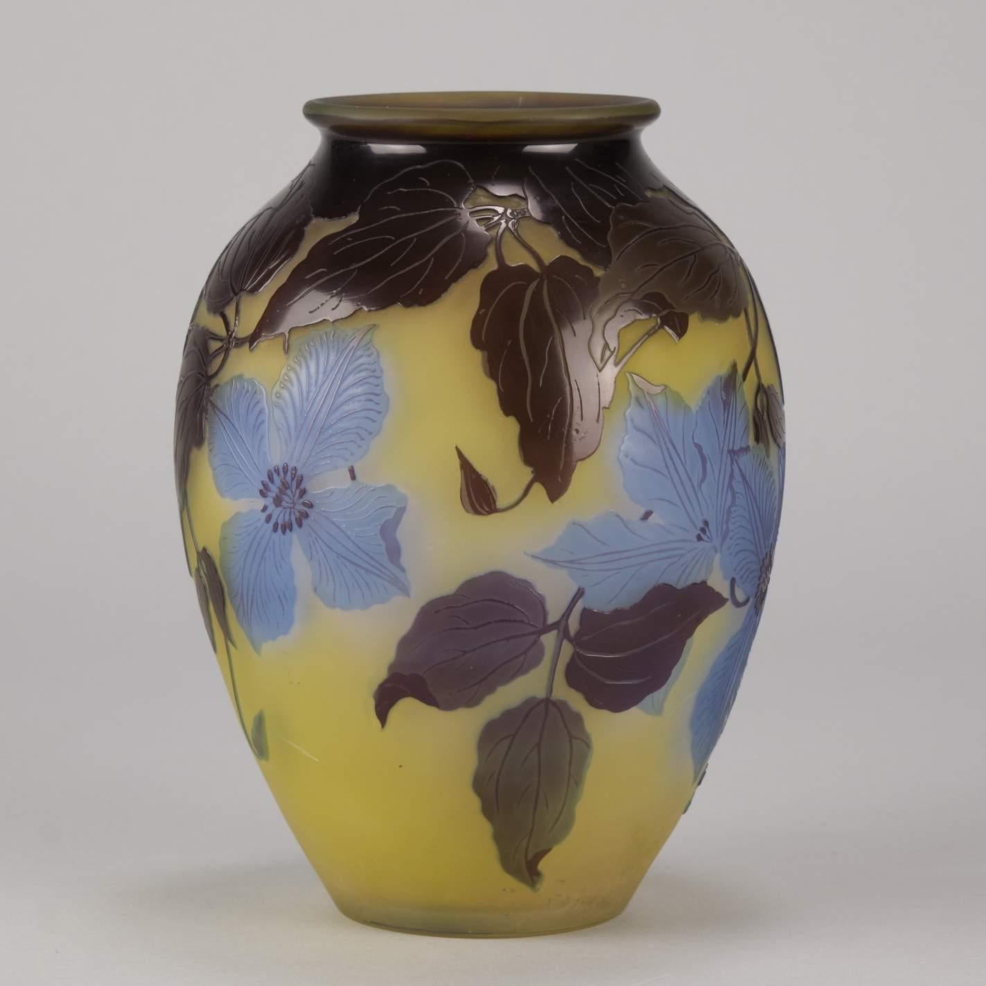 20th Century Art Nouveau French Cameo Acid Etched Glass 'Blue Clematis Vase' by Emile Gallé