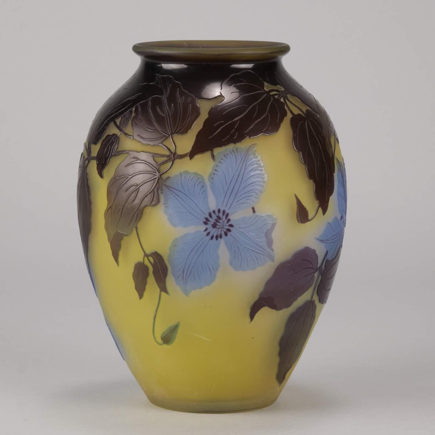 Art Nouveau French Cameo Acid Etched Glass 'Blue Clematis Vase' by Emile Gallé 1