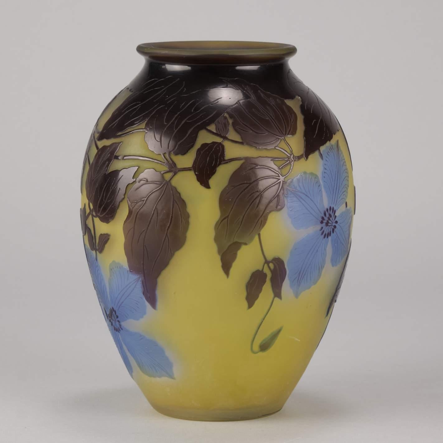 Art Nouveau French Cameo Acid Etched Glass 'Blue Clematis Vase' by Emile Gallé 2