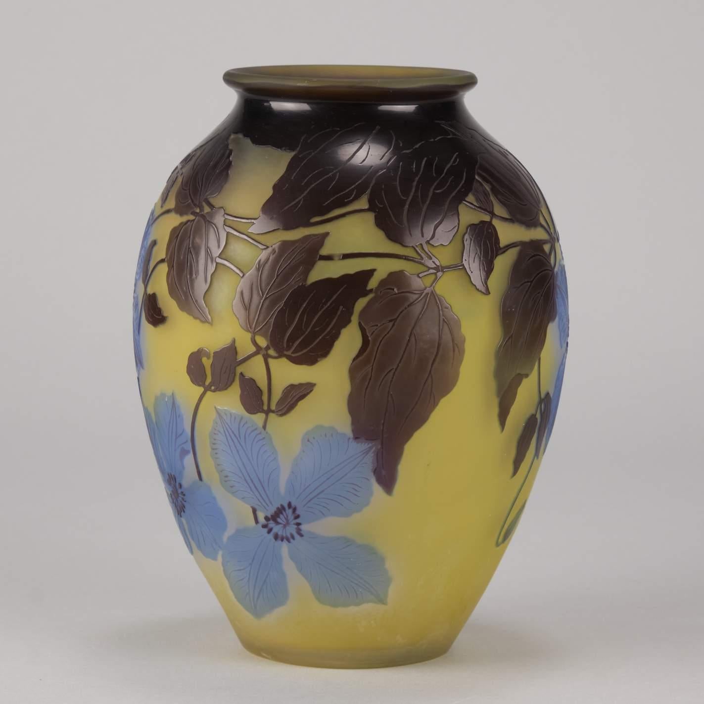 Art Nouveau French Cameo Acid Etched Glass 'Blue Clematis Vase' by Emile Gallé 3
