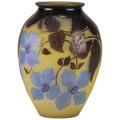 Art Nouveau French Cameo Acid Etched Glass 'Blue Clematis Vase' by Emile Gallé