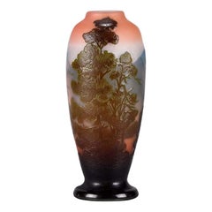 Art Nouveau French Cameo Acid Etched Glass 'Mountain Vase' by Emile Gallé