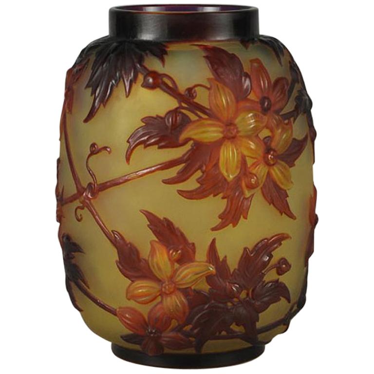 Art Nouveau French Cameo Glass 'Clematis Soufflé Vase' by Emile Gallé