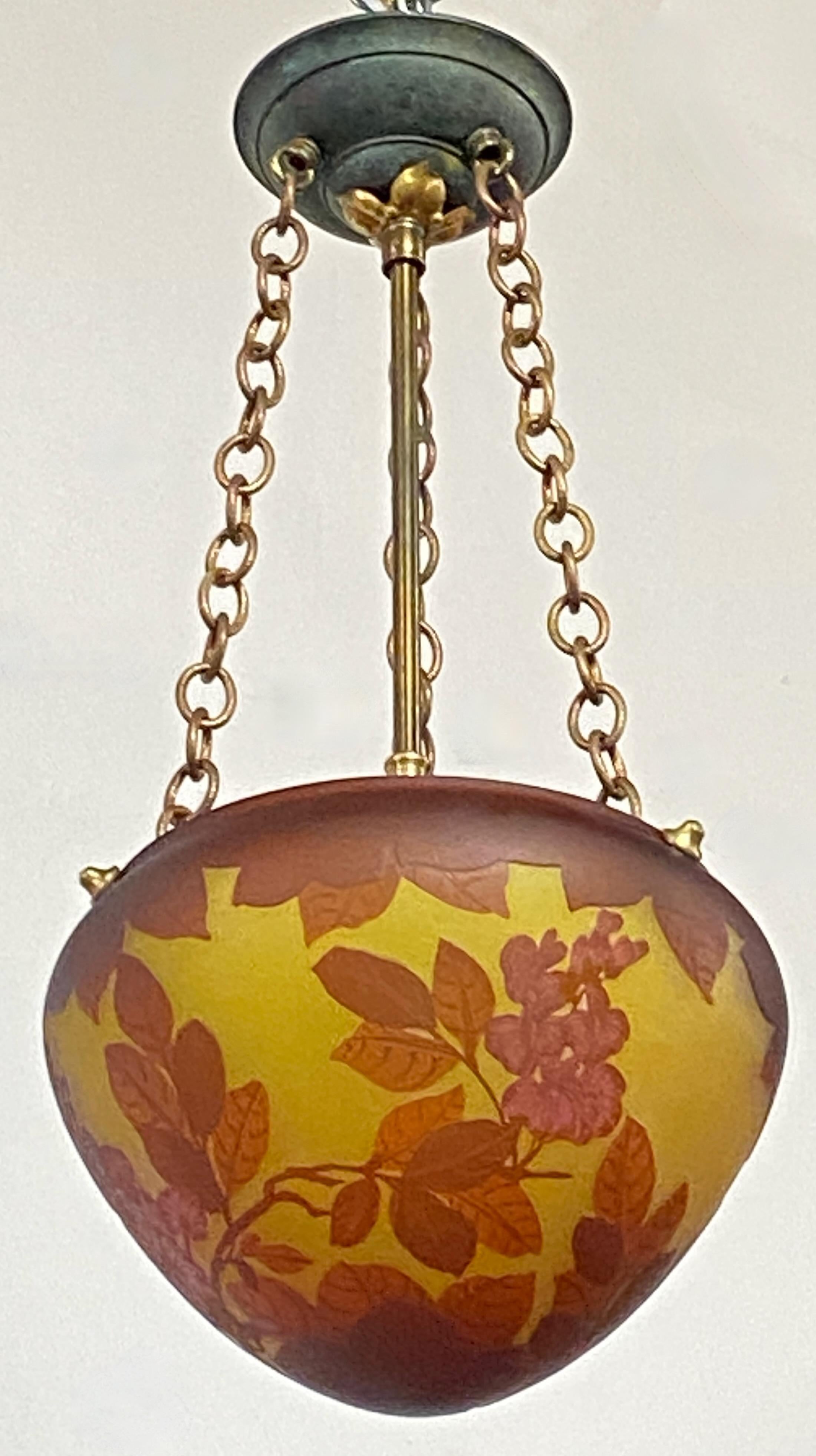 Art Nouveau French Cameo Glass Pendant Light Fixture In Good Condition For Sale In San Francisco, CA