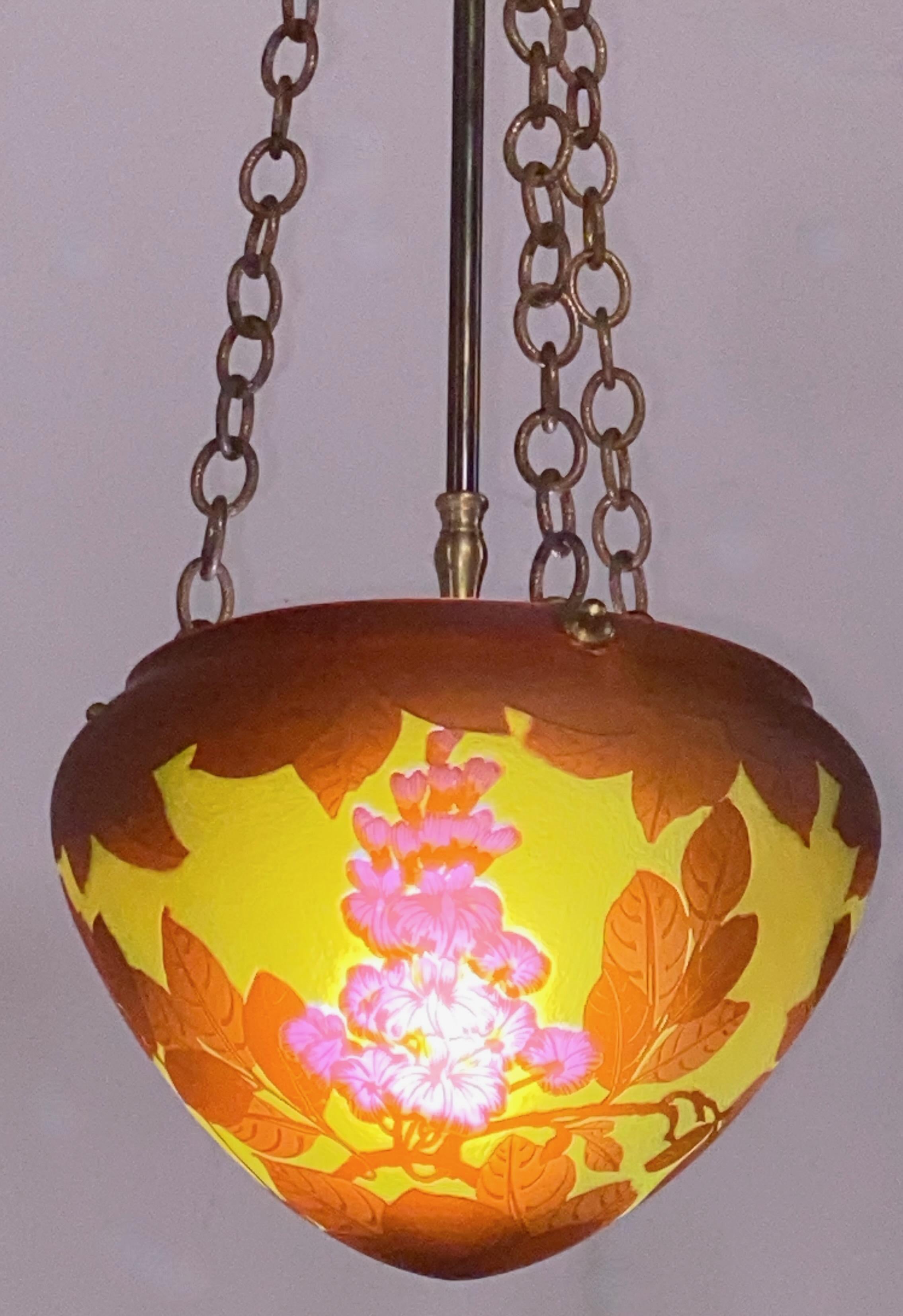 20th Century Art Nouveau French Cameo Glass Pendant Light Fixture For Sale