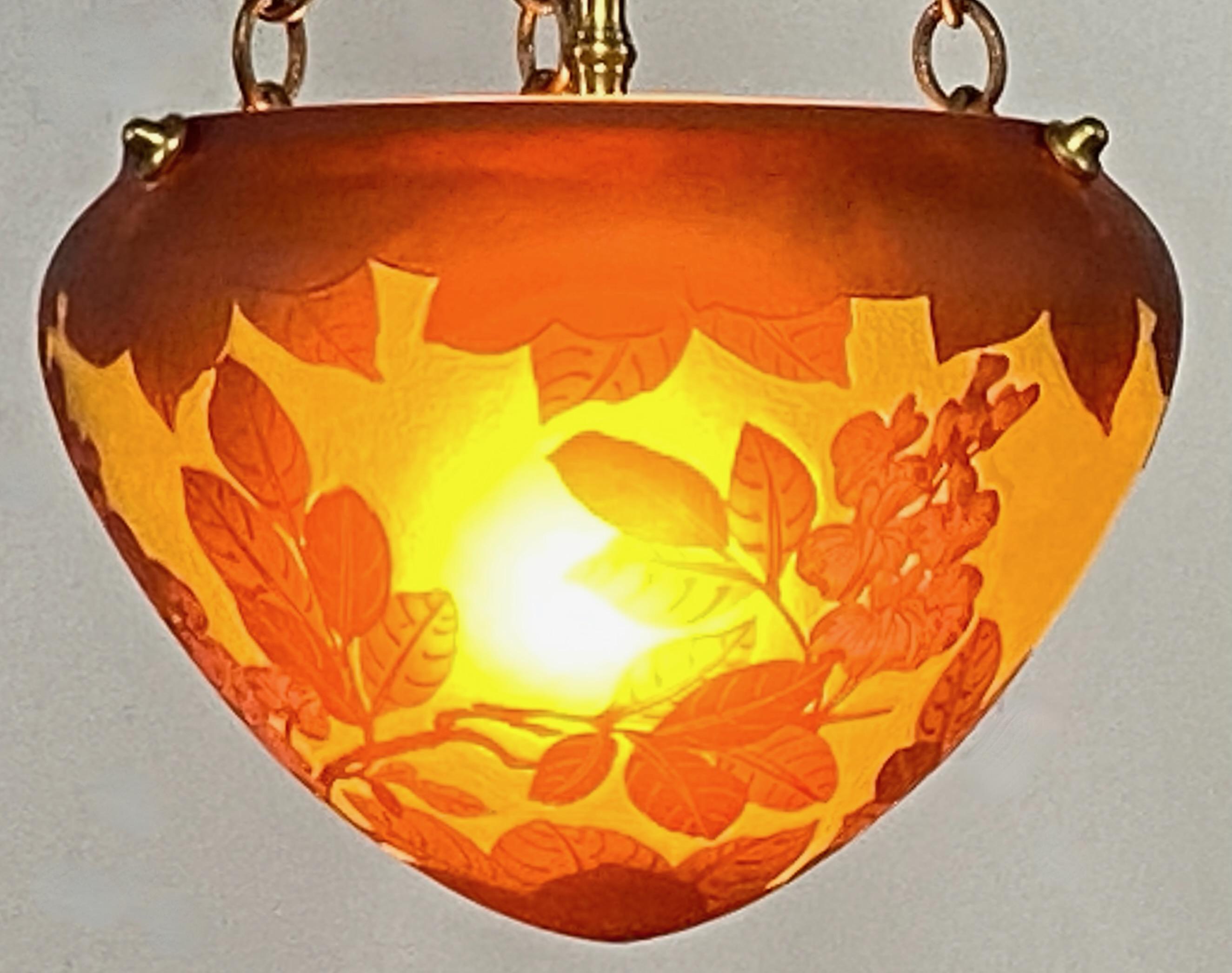 Brass Art Nouveau French Cameo Glass Pendant Light Fixture For Sale
