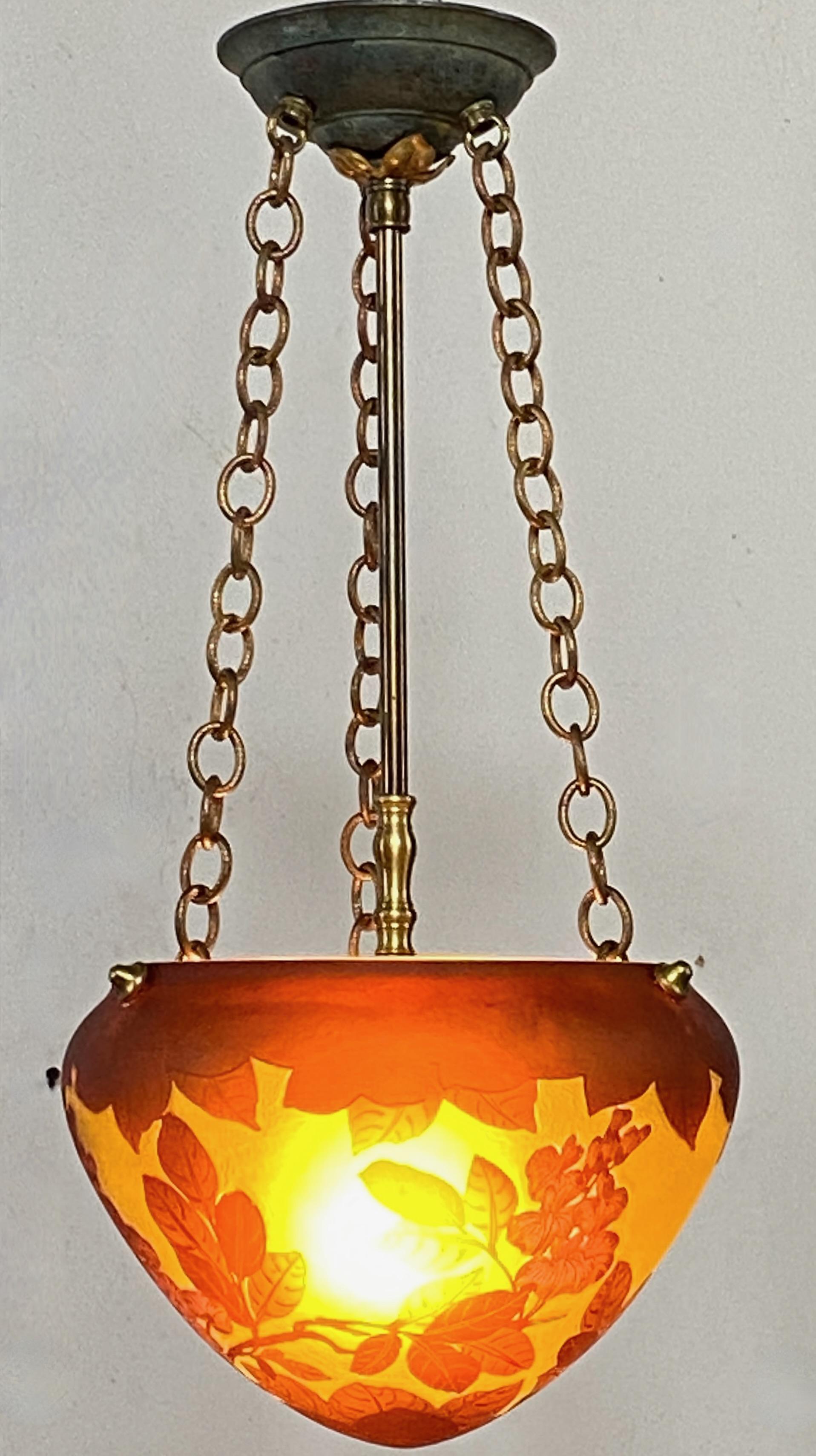 Art Nouveau French Cameo Glass Pendant Light Fixture For Sale 1