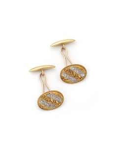 Art Nouveau French cufflinks in 18k gold diamonds olive branch, mens jewelry
