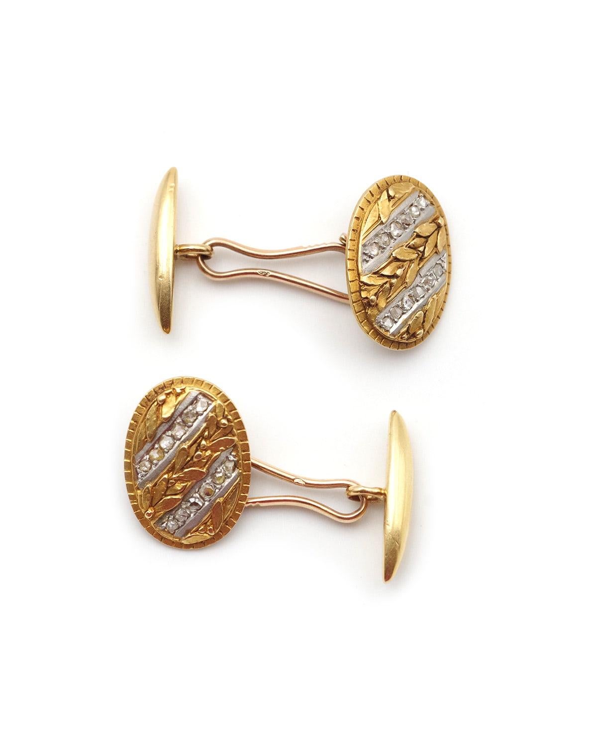 Art Nouveau francés gemelos de oro de 18 quilates diamantes rama de olivo, joyería para hombre en Bastante bueno estado para la venta en PARIS, FR