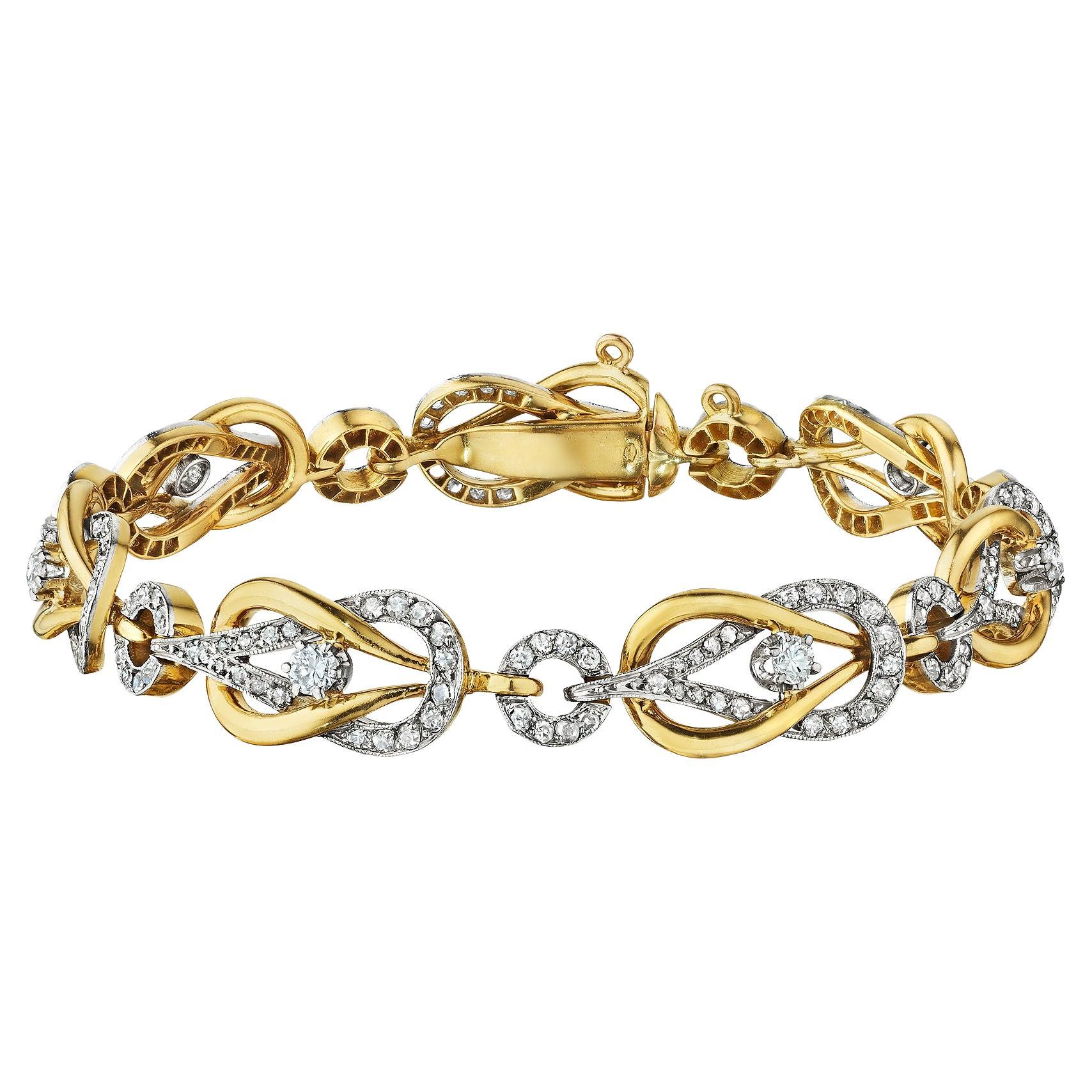 Art Nouveau French Diamond Gold Platinum Nautical Square Knot Link Bracelet