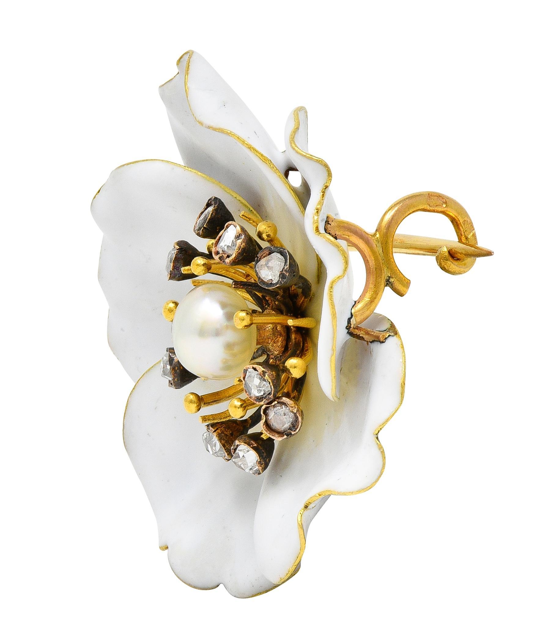 Art Nouveau Französisch Diamant Perle Weiß Emaille 18K Gelb Antike Stiefmütterchen Brosche (Art nouveau) im Angebot