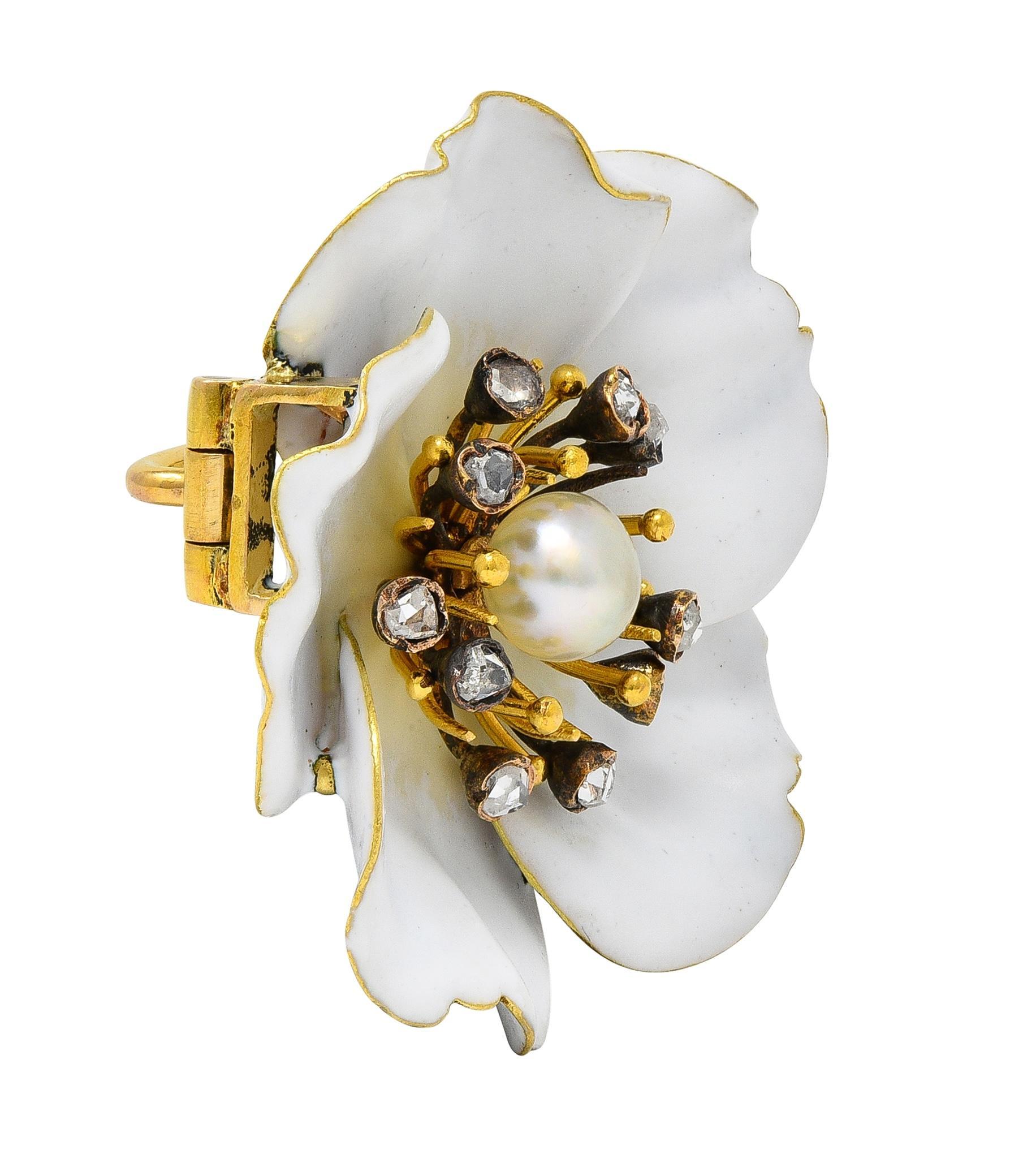 Art Nouveau Französisch Diamant Perle Weiß Emaille 18K Gelb Antike Stiefmütterchen Brosche im Zustand „Hervorragend“ im Angebot in Philadelphia, PA