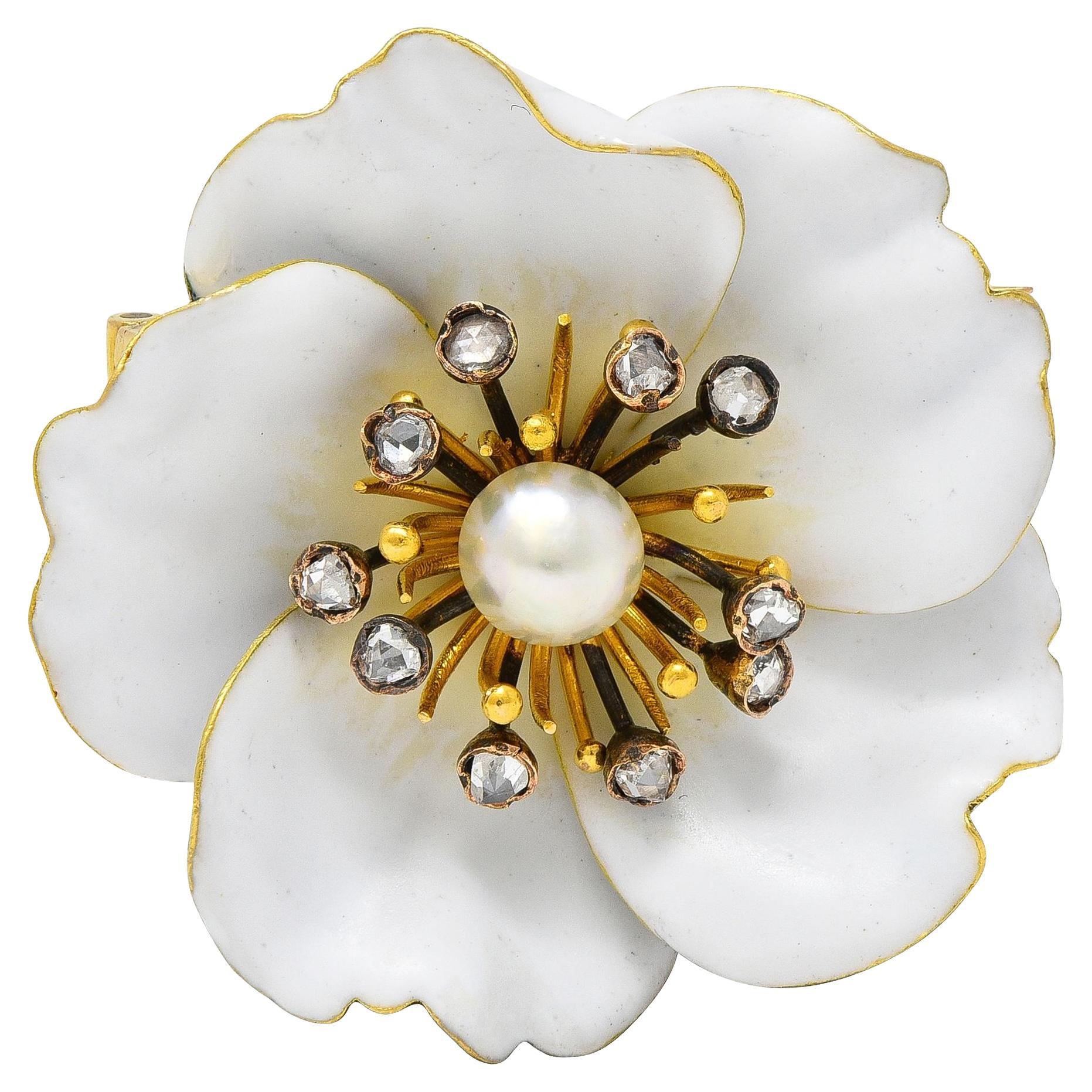 Art Nouveau French Diamond Pearl White Enamel 18K Yellow Antique Pansy Brooch