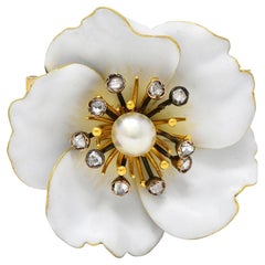 Art Nouveau Französisch Diamant Perle Weiß Emaille 18K Gelb Antike Stiefmütterchen Brosche