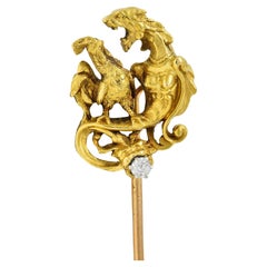 Art Nouveau French Diamond Platinum 18K Gold Antique Rooster Serpent Stickpin