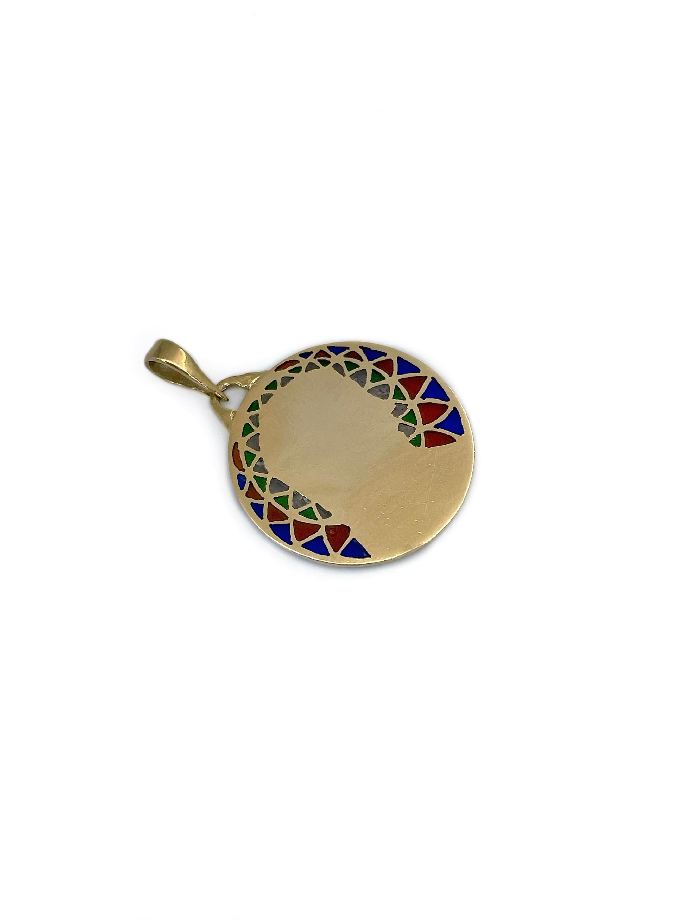 Art Nouveau French Emile Dropsy 18 Karat Gold Enamel Virgin Mary Medal Pendant For Sale 1