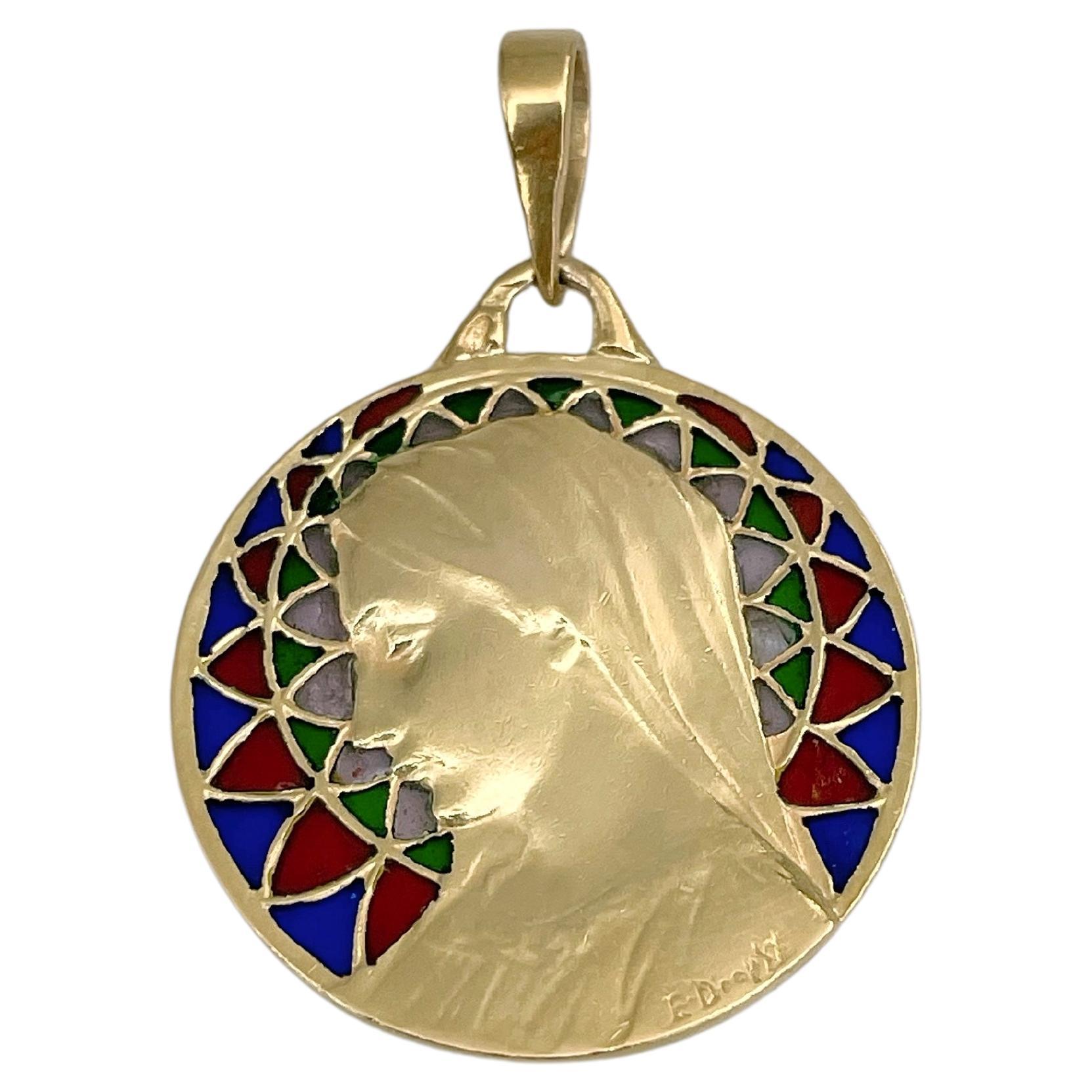 Art Nouveau French Emile Dropsy 18 Karat Gold Enamel Virgin Mary Medal Pendant For Sale