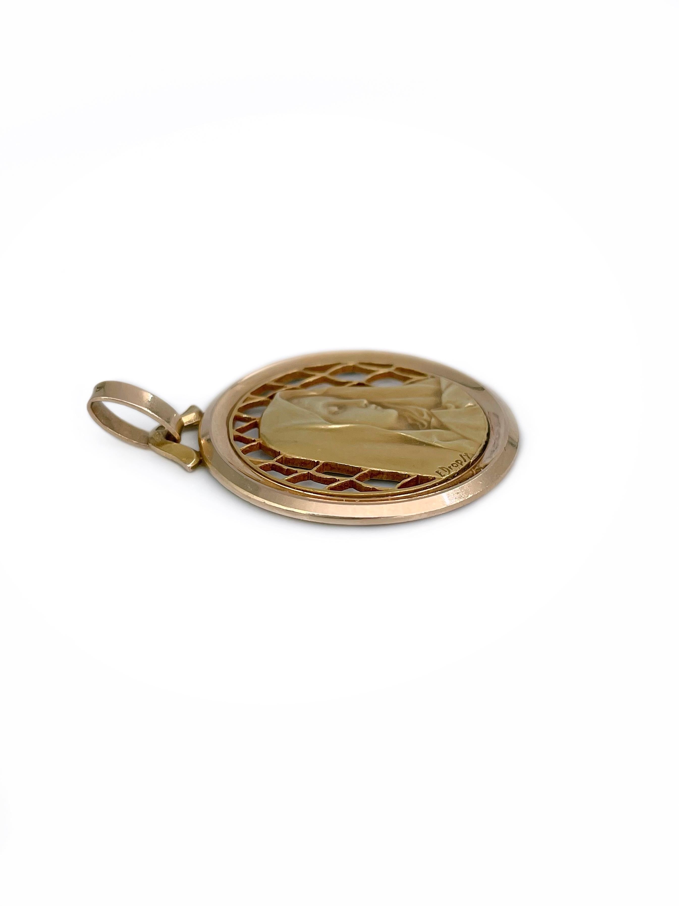 Women's Art Nouveau French Emile Dropsy 18 Karat Gold Virgin Mary Medal Pendant For Sale