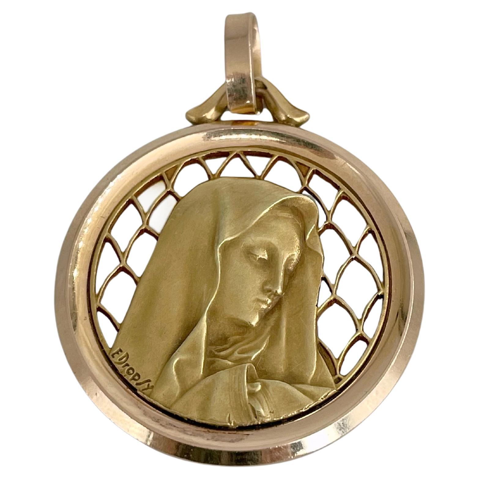 Art Nouveau French Emile Dropsy 18 Karat Gold Virgin Mary Medal Pendant