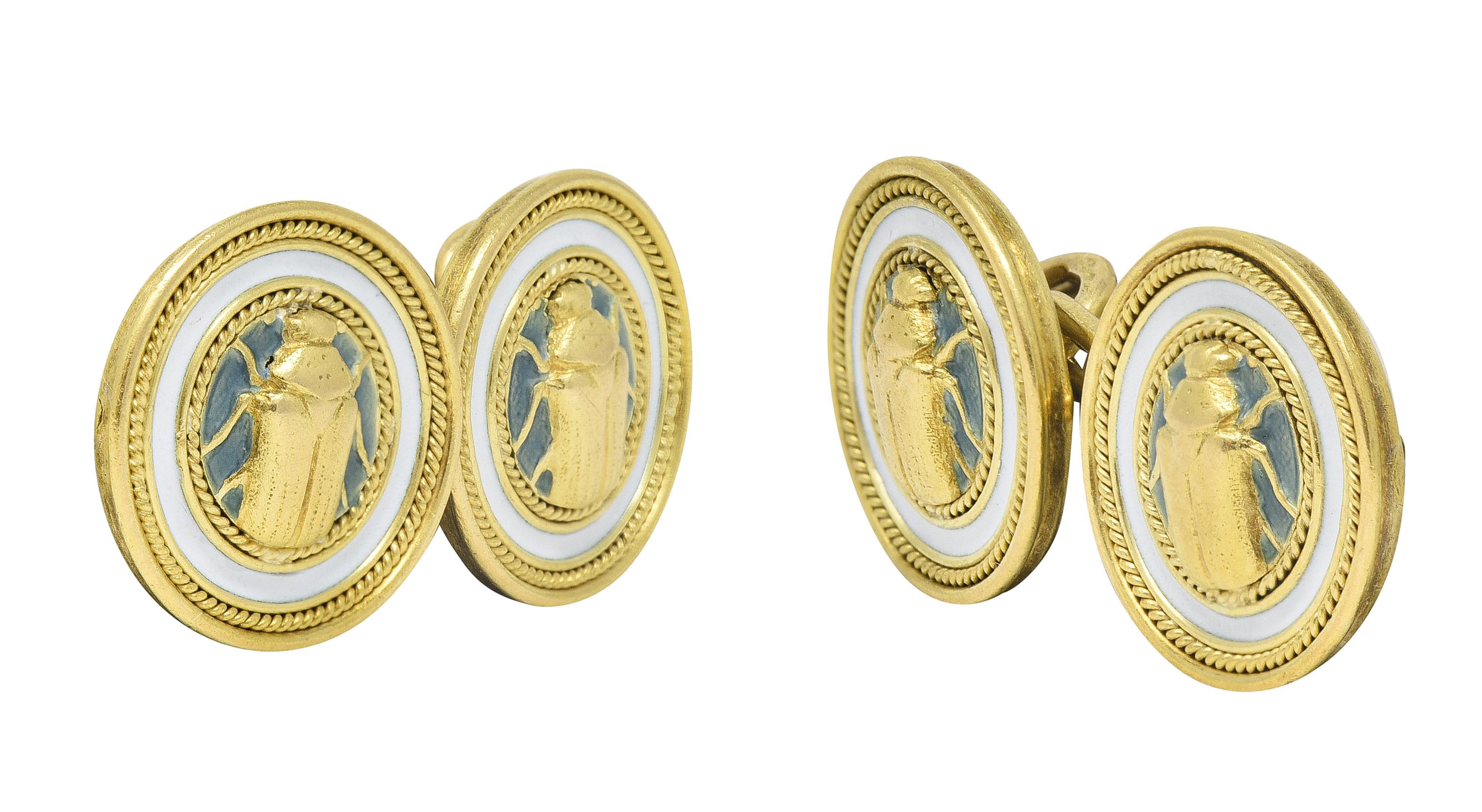 Women's or Men's Art Nouveau French Enamel 18 Karat Yellow Gold Scarab Antique Cufflinks For Sale