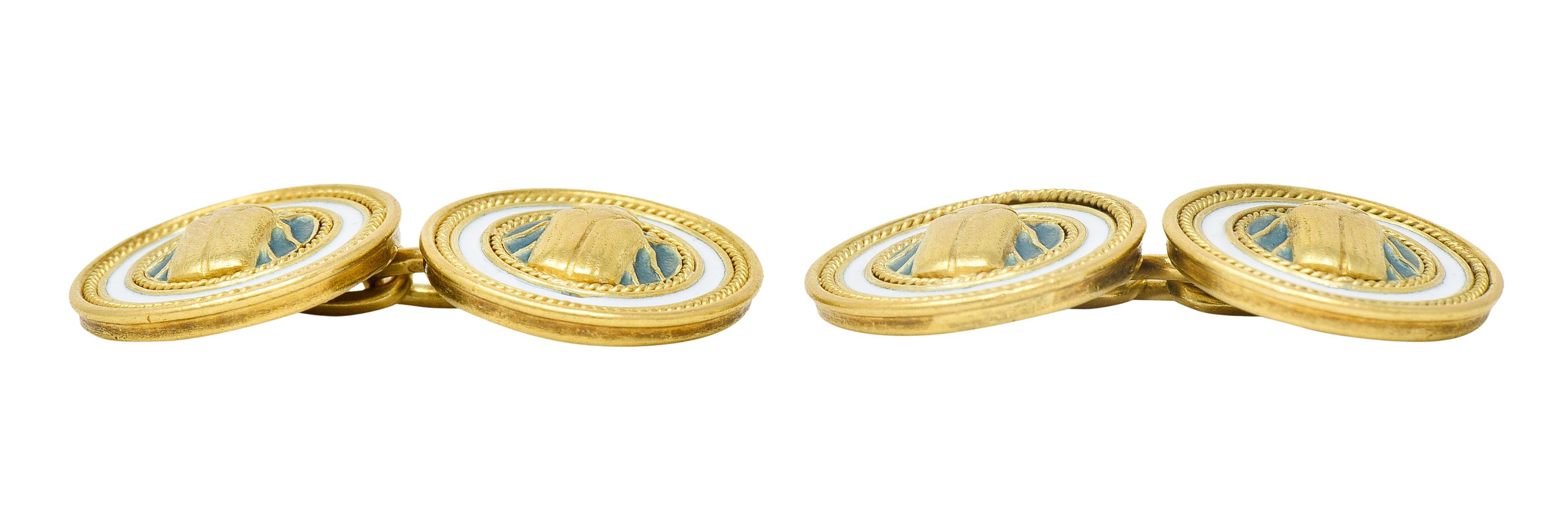 Boutons de manchette écharpe anciennes Art Nouveau en or jaune 18 carats et émail français Unisexe en vente