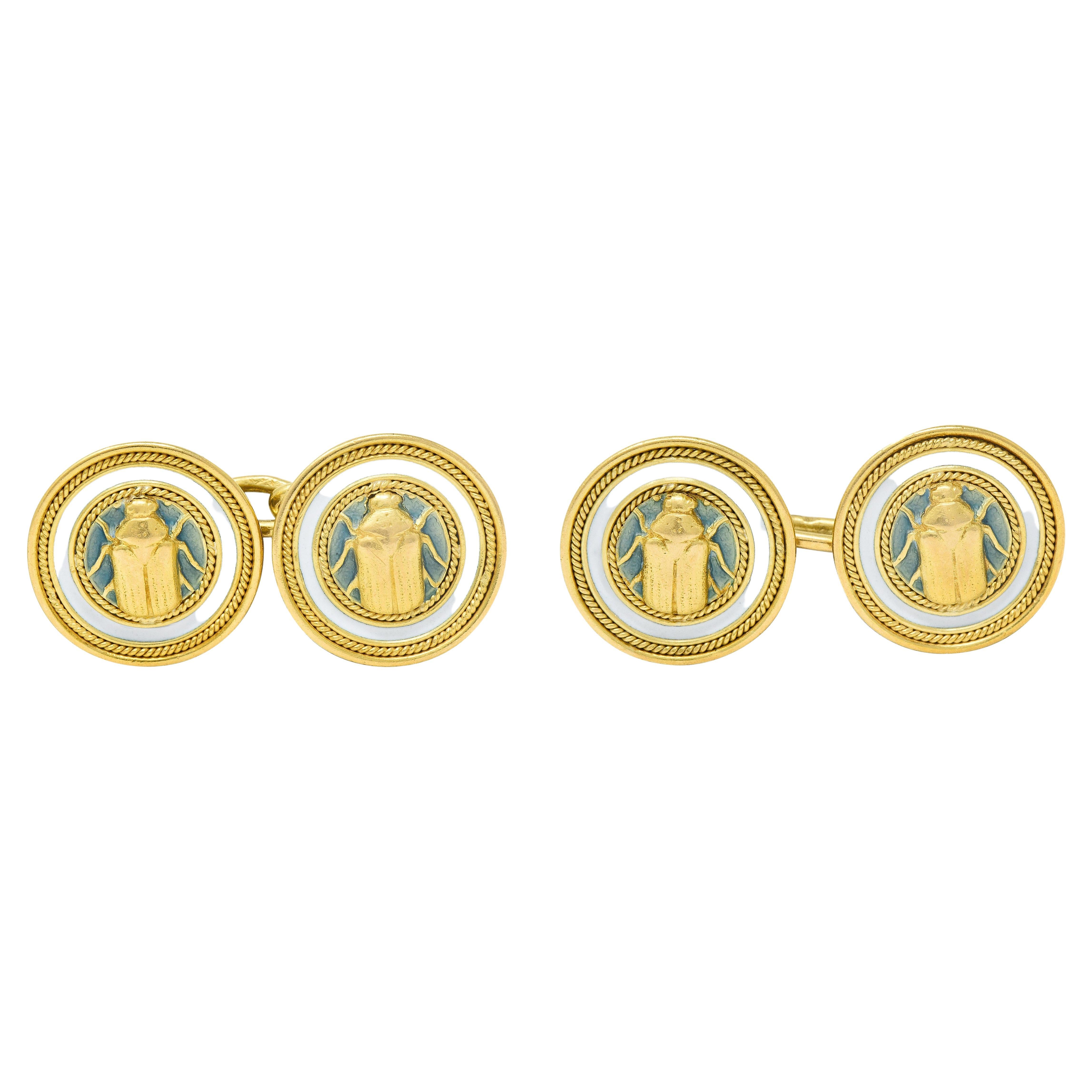 Antike französische Jugendstil-Manschettenknöpfe aus 18 Karat Gelbgold mit Emaille und Skarabäus im Angebot