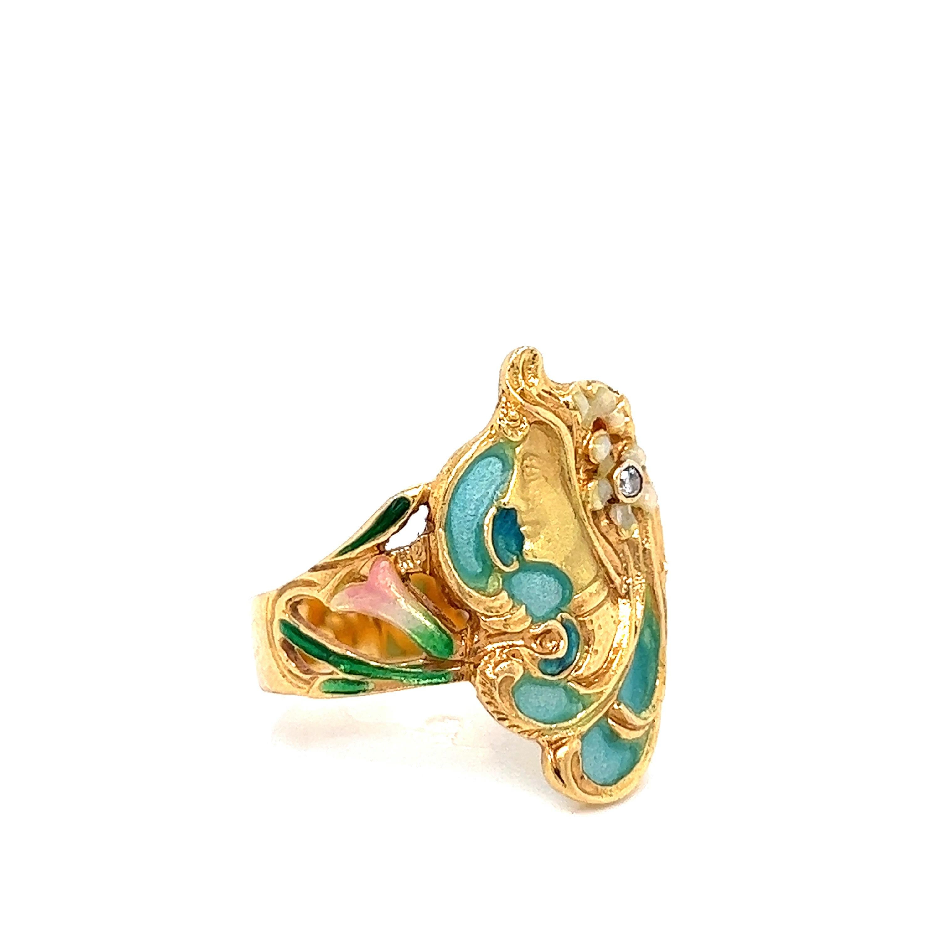Art Nouveau French Enamel Lady Ring For Sale 3