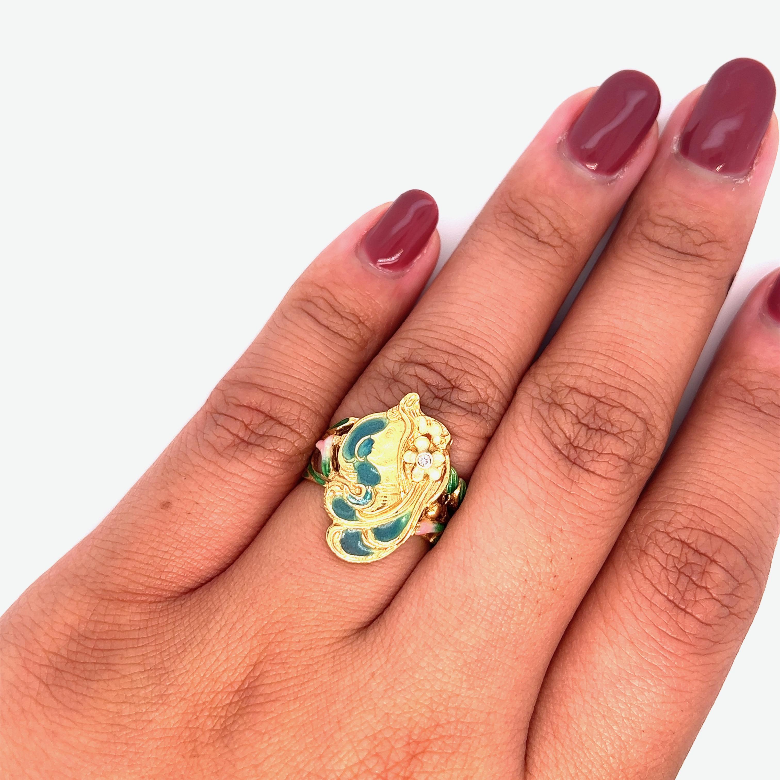 Art Nouveau French Enamel Lady Ring For Sale 4