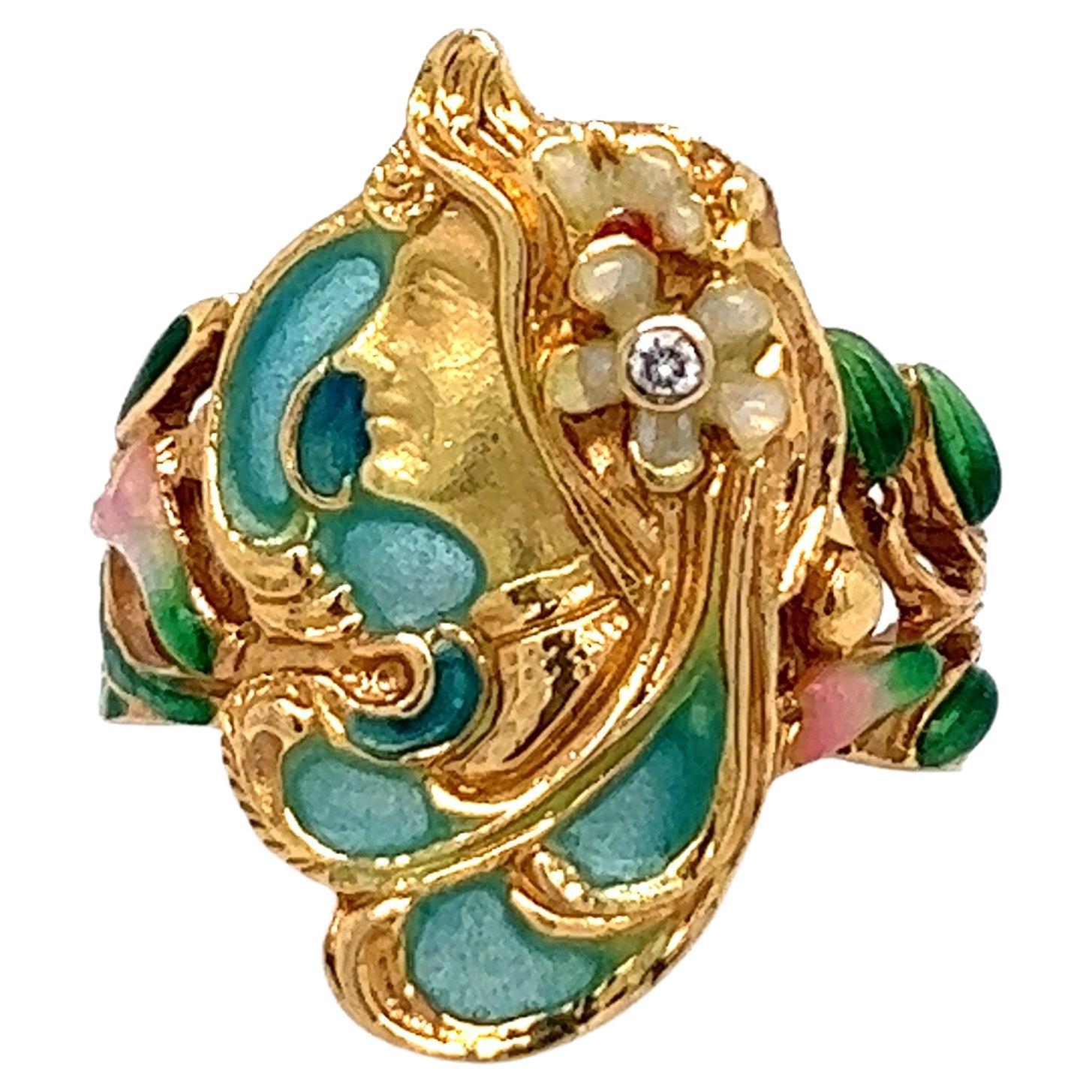 Art Nouveau French Enamel Lady Ring For Sale