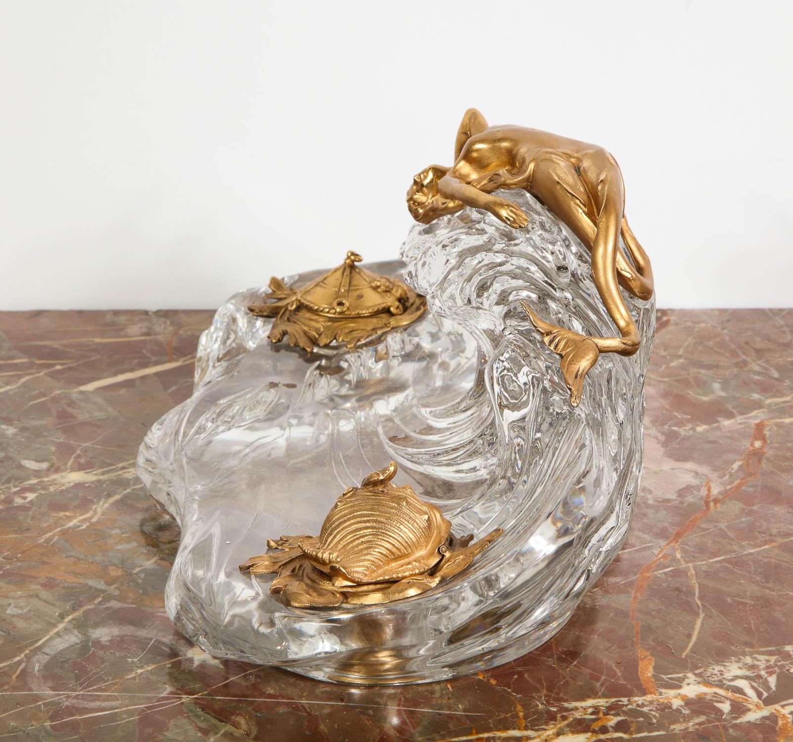 Art Nouveau French Gilt Bronze and Crystal Nautical Mermaid Inkwell, circa 1910 6