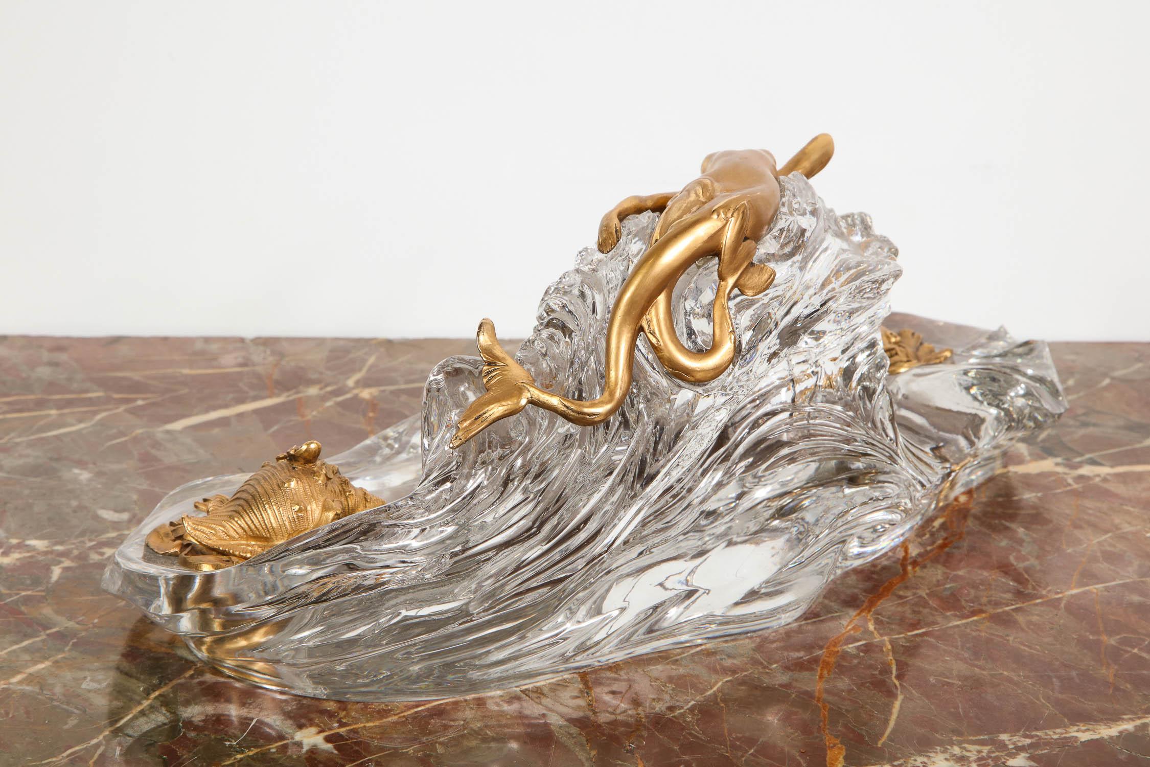 Art Nouveau French Gilt Bronze and Crystal Nautical Mermaid Inkwell, circa 1910 7