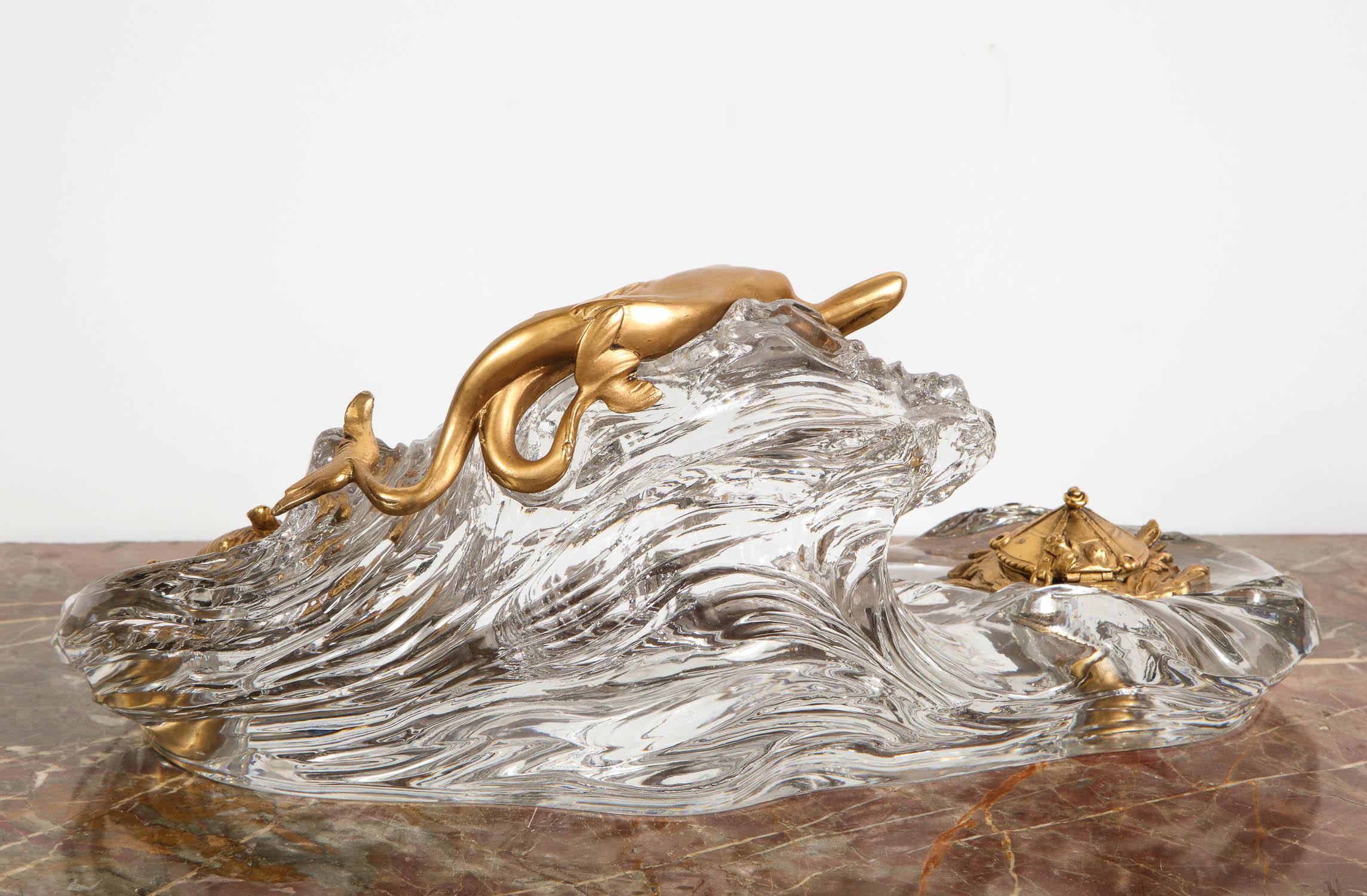 Art Nouveau French Gilt Bronze and Crystal Nautical Mermaid Inkwell, circa 1910 8
