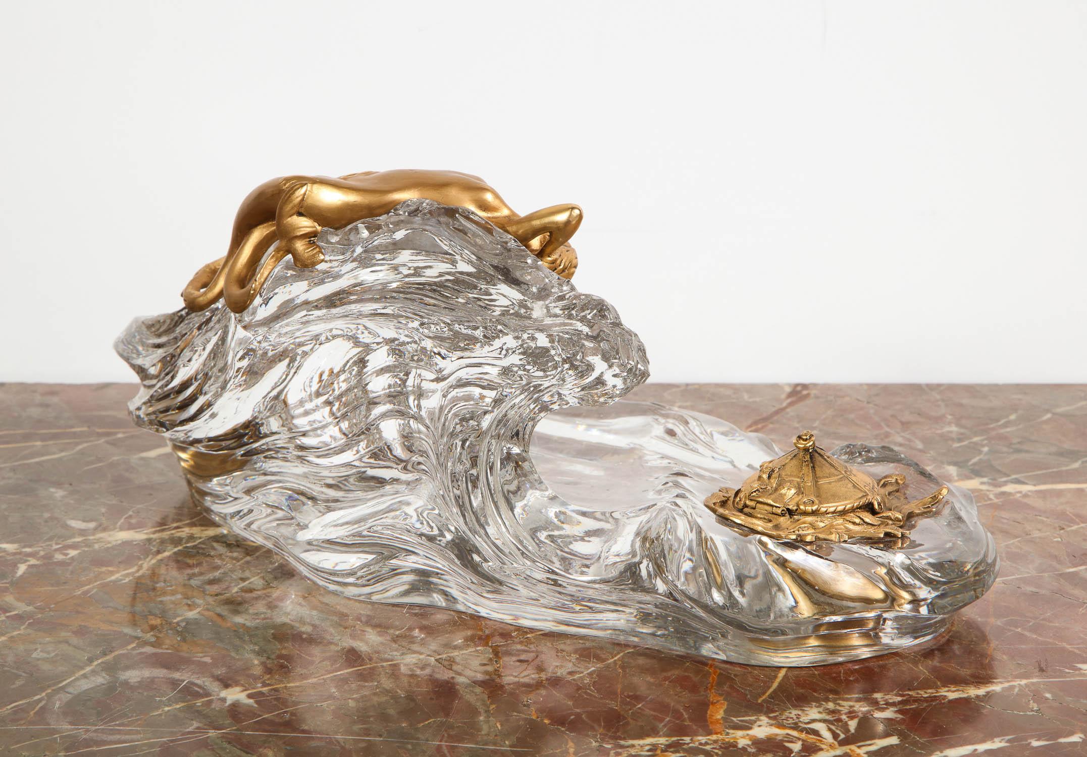 Art Nouveau French Gilt Bronze and Crystal Nautical Mermaid Inkwell, circa 1910 10
