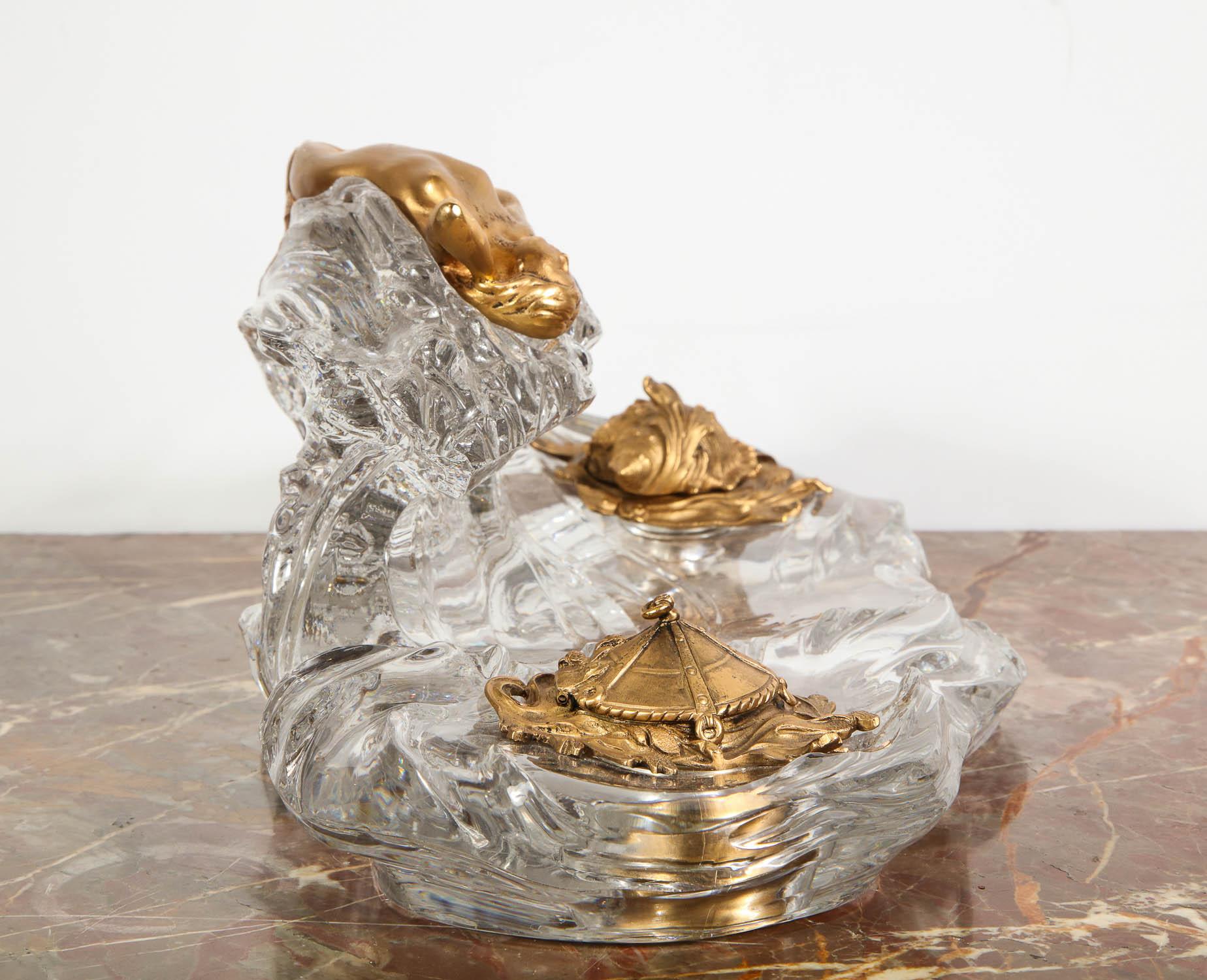 Art Nouveau French Gilt Bronze and Crystal Nautical Mermaid Inkwell, circa 1910 11