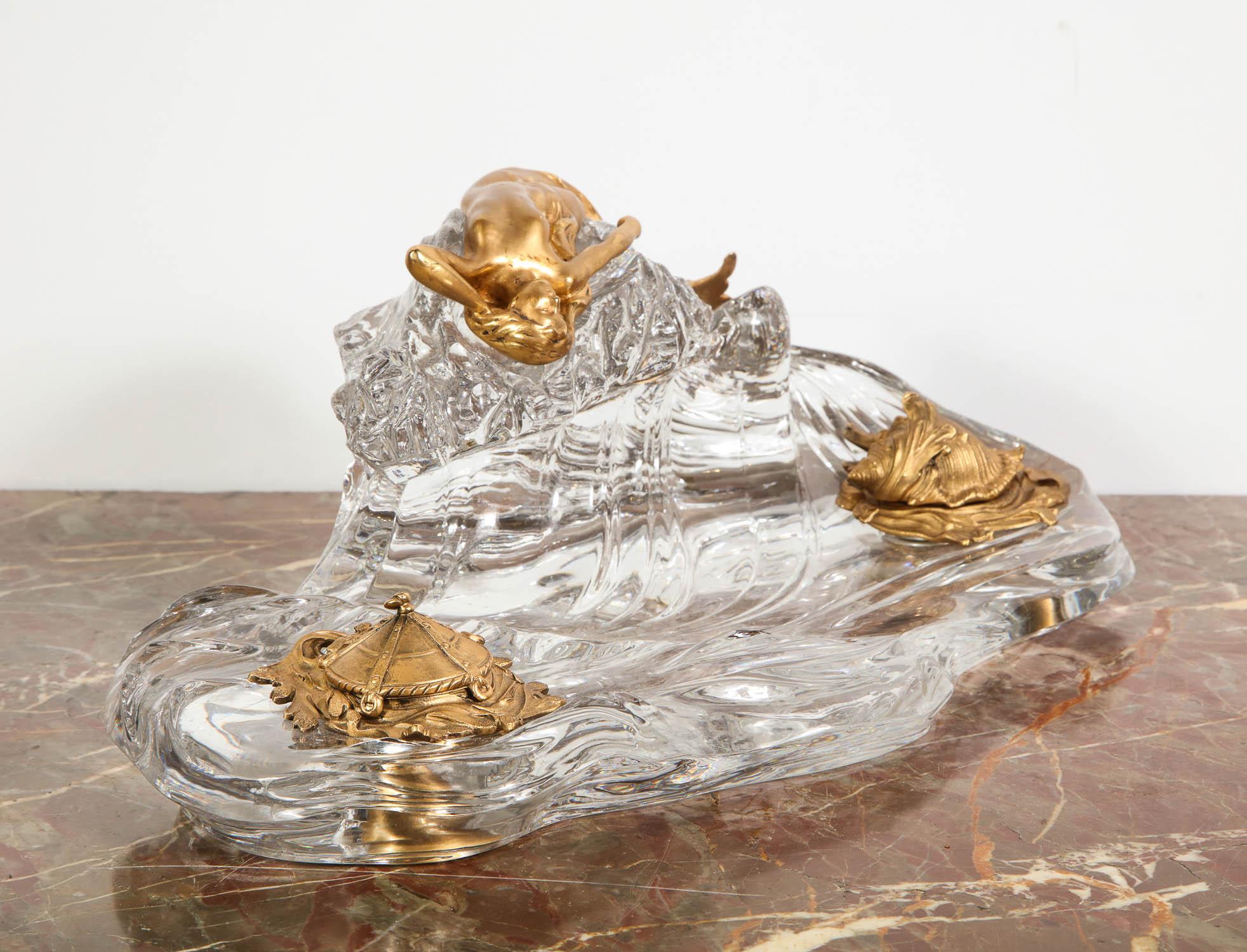 Art Nouveau French Gilt Bronze and Crystal Nautical Mermaid Inkwell, circa 1910 12