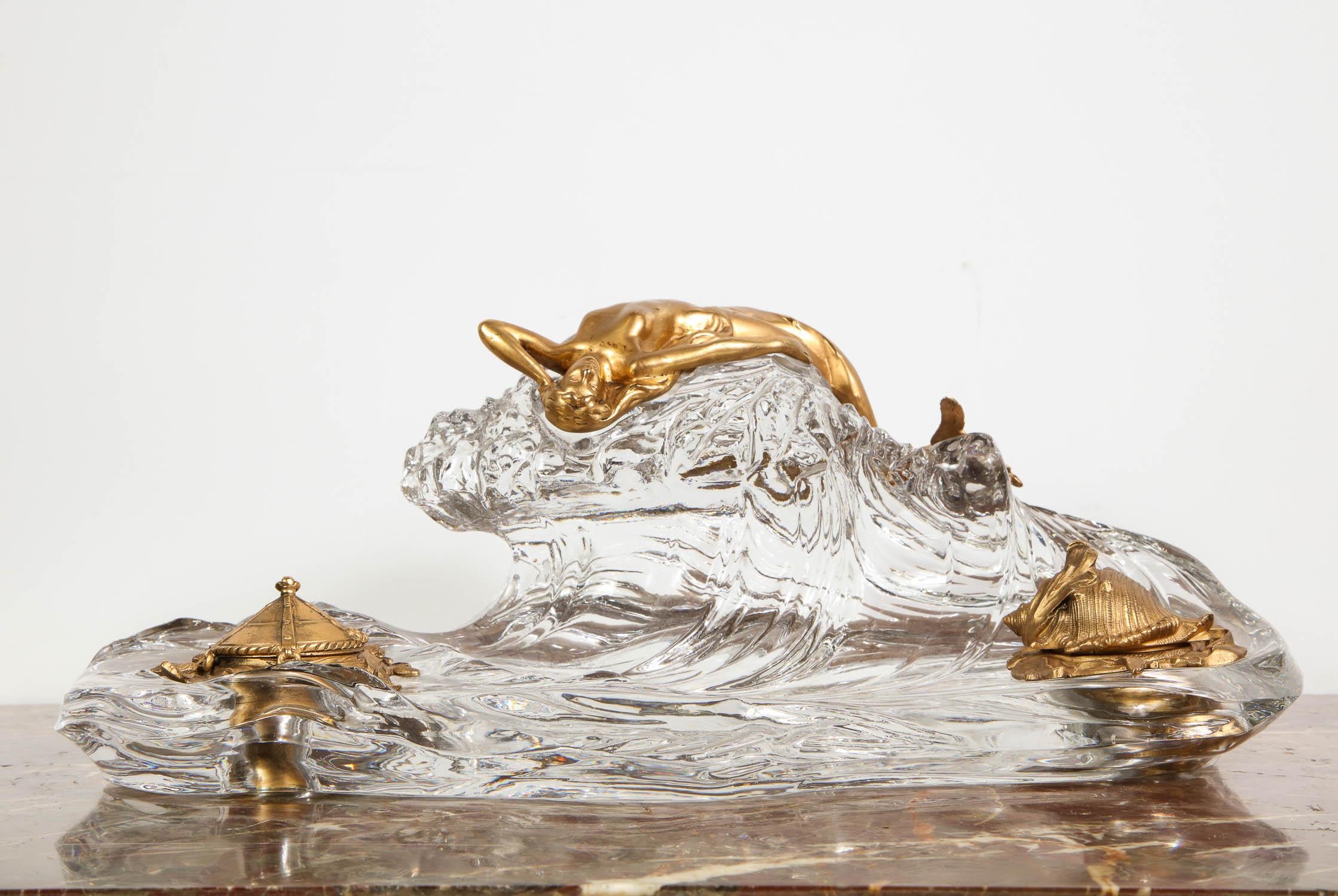 Art Nouveau French Gilt Bronze and Crystal Nautical Mermaid Inkwell, circa 1910 13