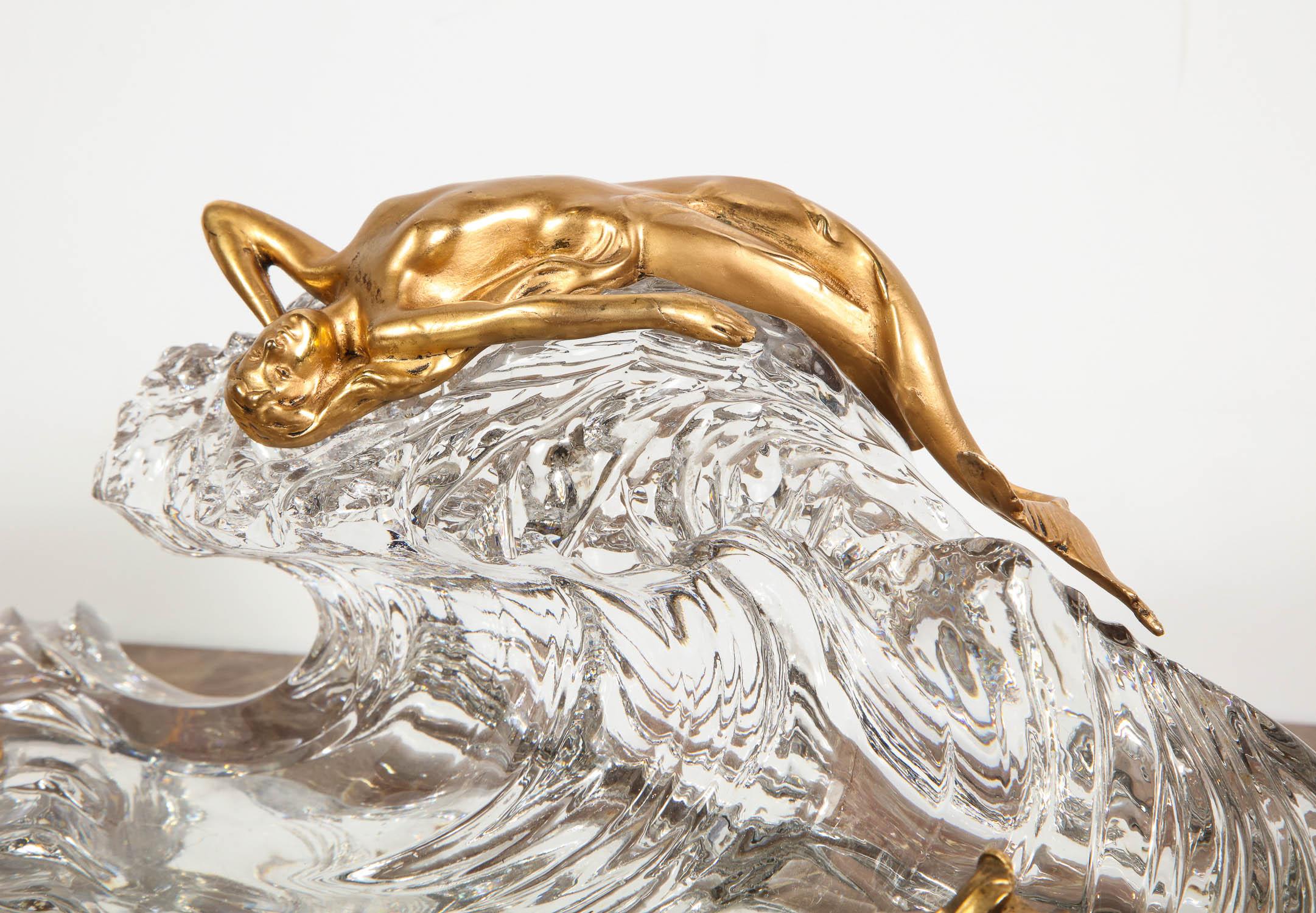 Art Nouveau French Gilt Bronze and Crystal Nautical Mermaid Inkwell, circa 1910 14