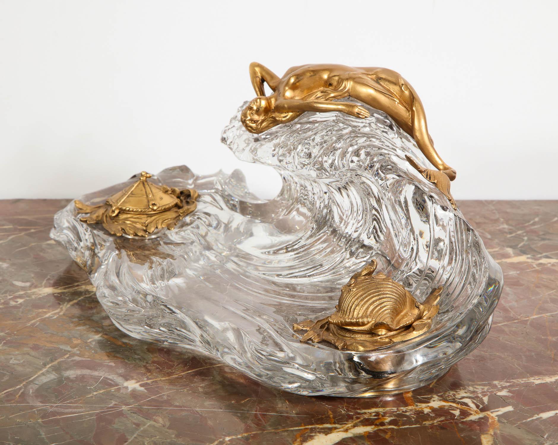 Art Nouveau French Gilt Bronze and Crystal Nautical Mermaid Inkwell, circa 1910 In Good Condition In New York, NY
