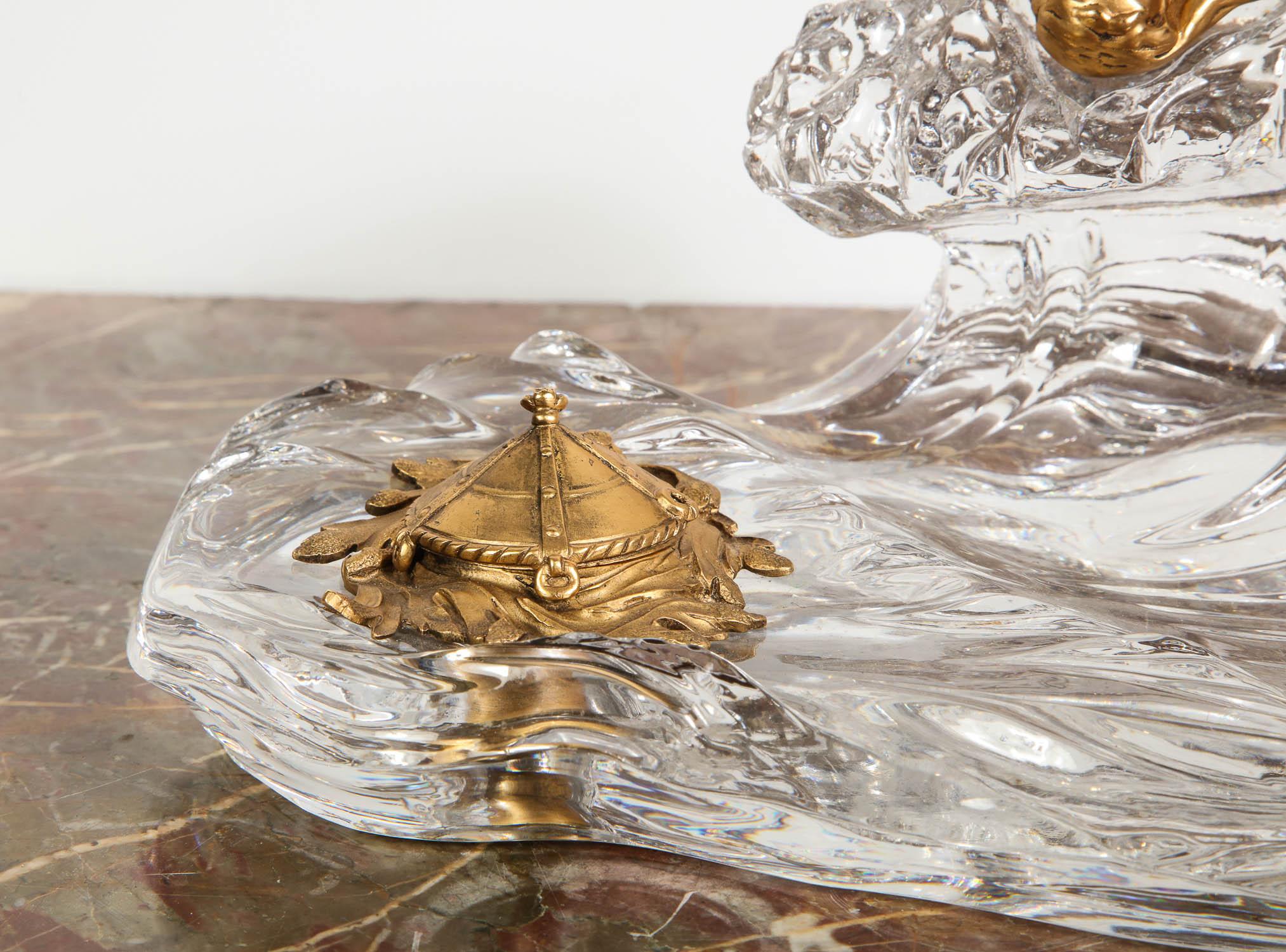 19th Century Art Nouveau French Gilt Bronze and Crystal Nautical Mermaid Inkwell, circa 1910