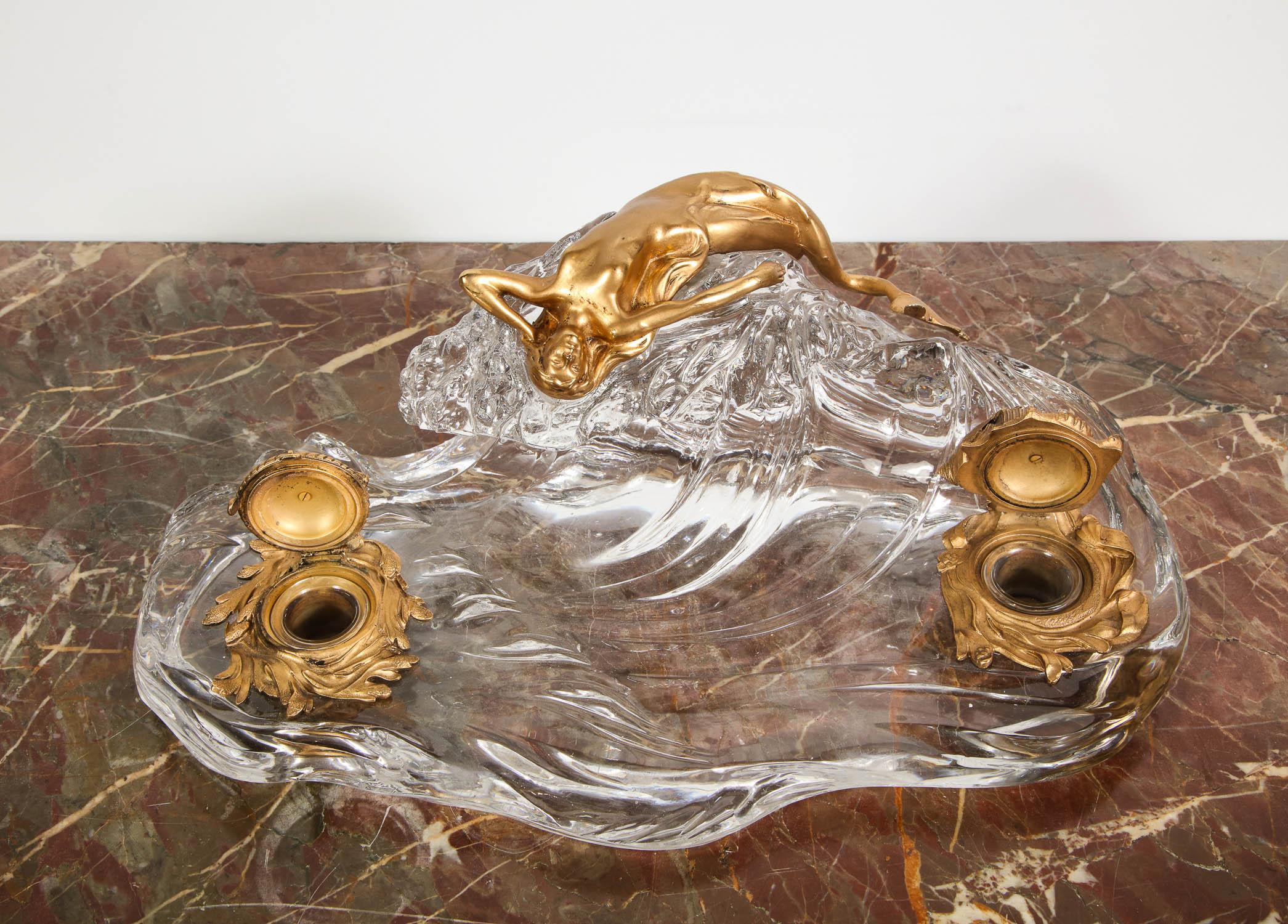 Art Nouveau French Gilt Bronze and Crystal Nautical Mermaid Inkwell, circa 1910 3