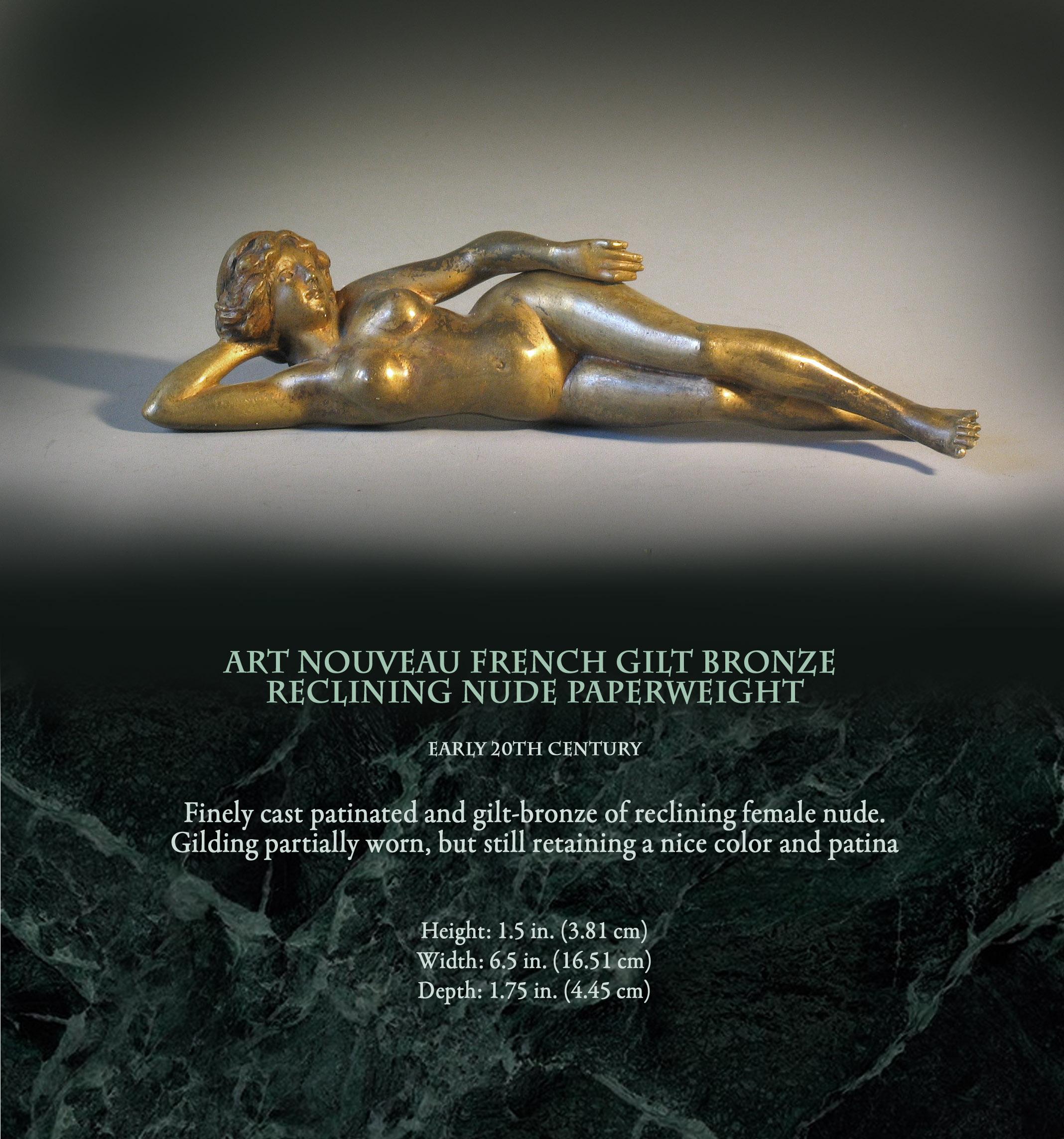 Art Nouveau French gilt bronze
Reclining nude paperweight,

Early 20th century.

Finely cast patinated and gilt-bronze of reclining female nude.
Gilding partially worn, but still retaining a nice color and patina.


Measures: Height 1.5