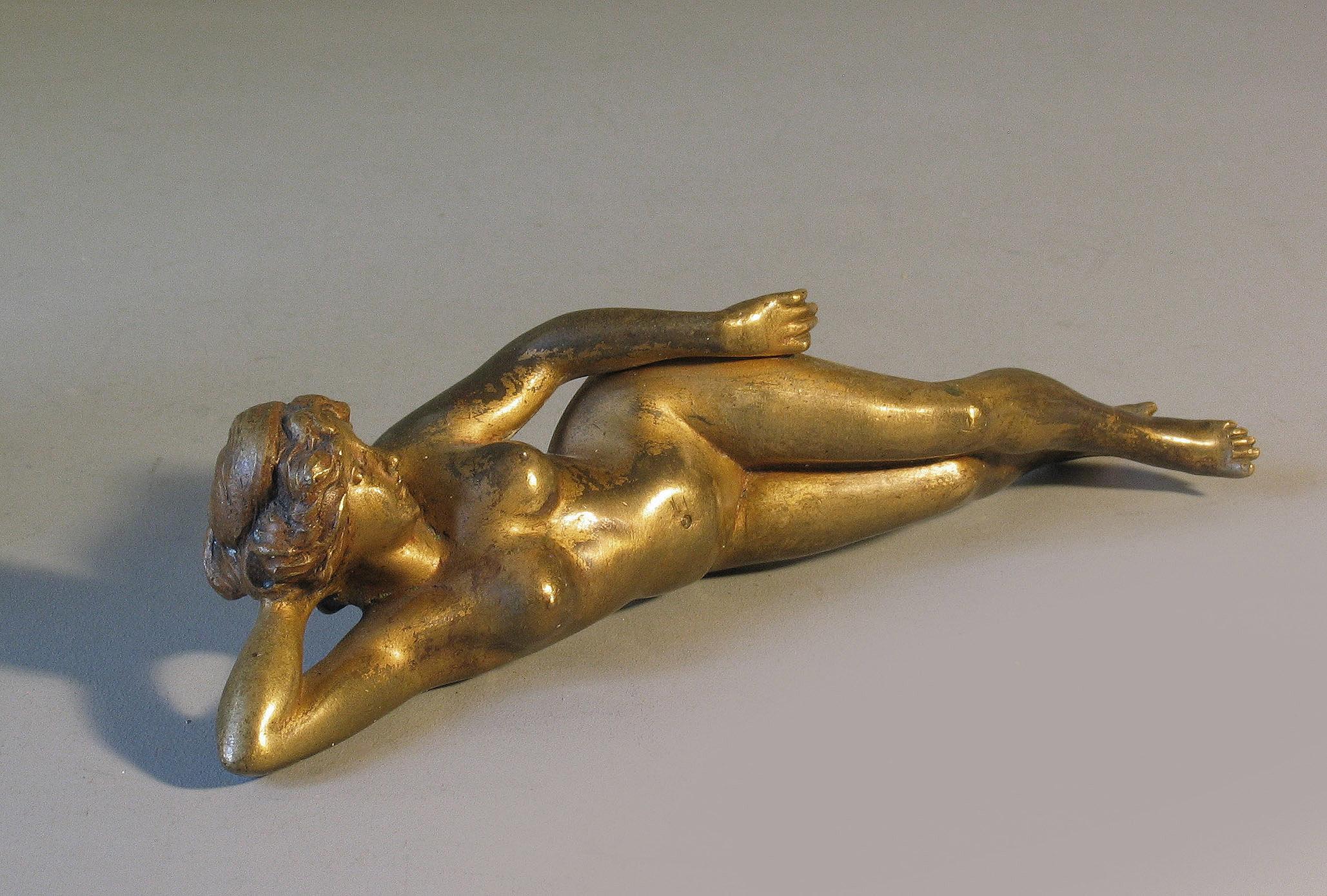 Art Nouveau French Gilt Bronze Reclining Nude Paperweight, Early 20th Century 2