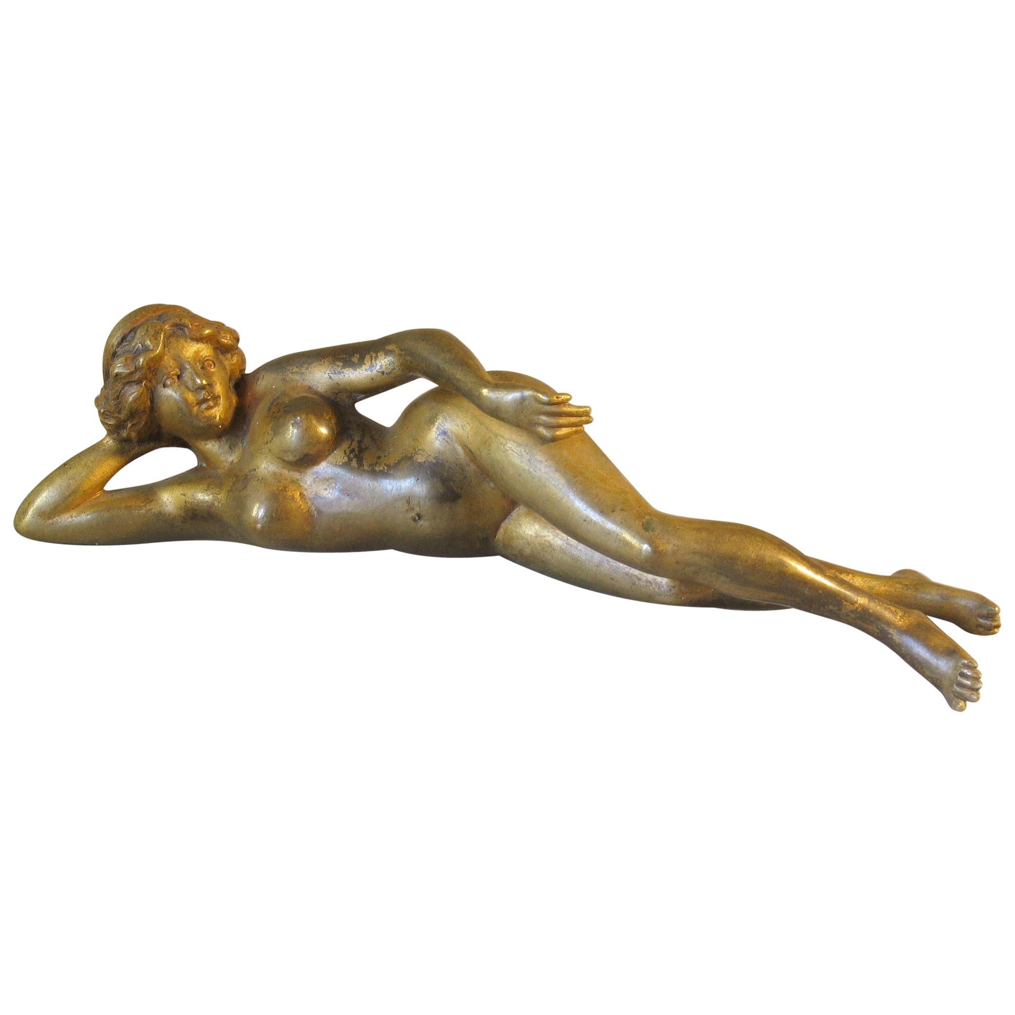 Art Nouveau French Gilt Bronze Reclining Nude Paperweight, Early 20th Century