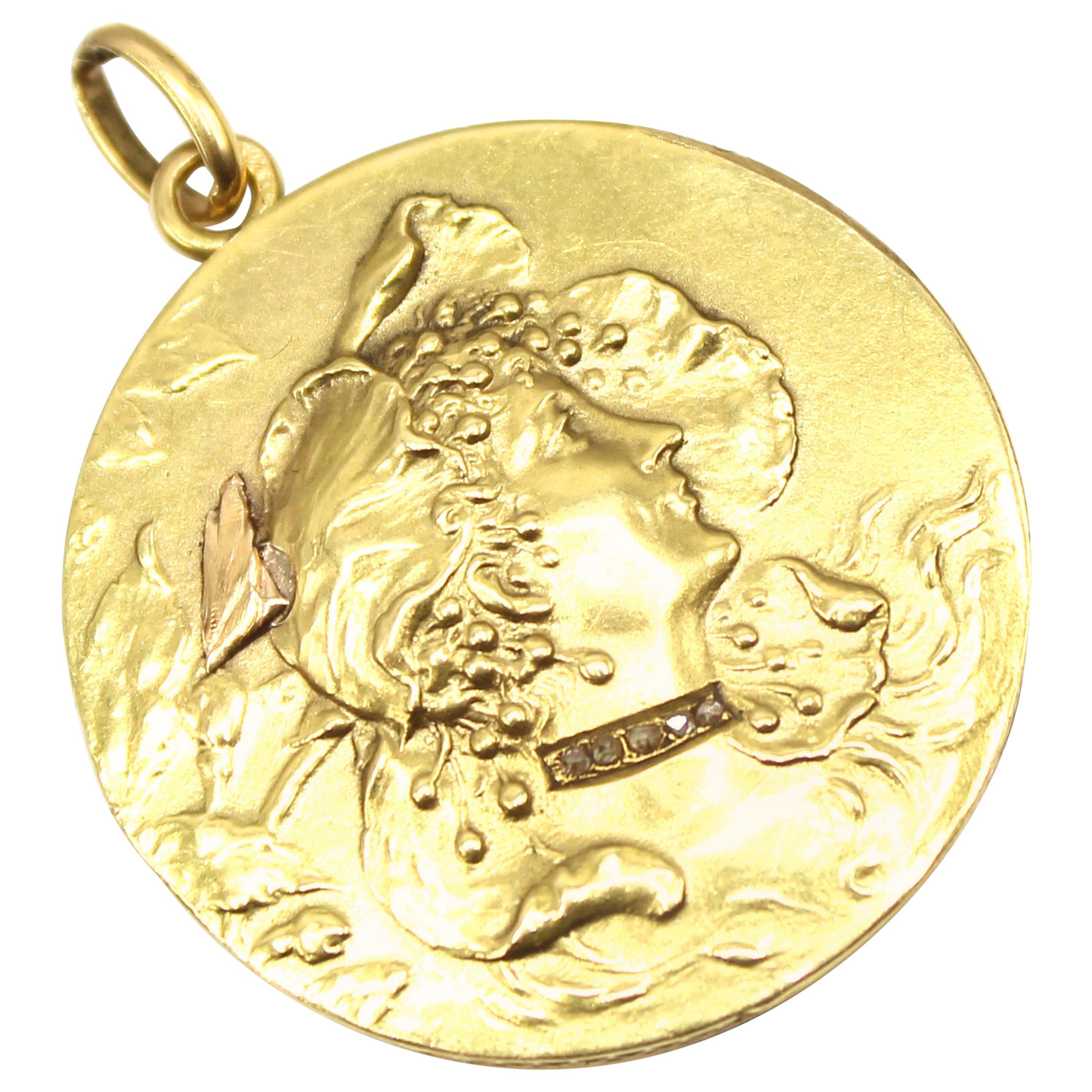 Art Nouveau French Gold Diamond Medallion Pendant