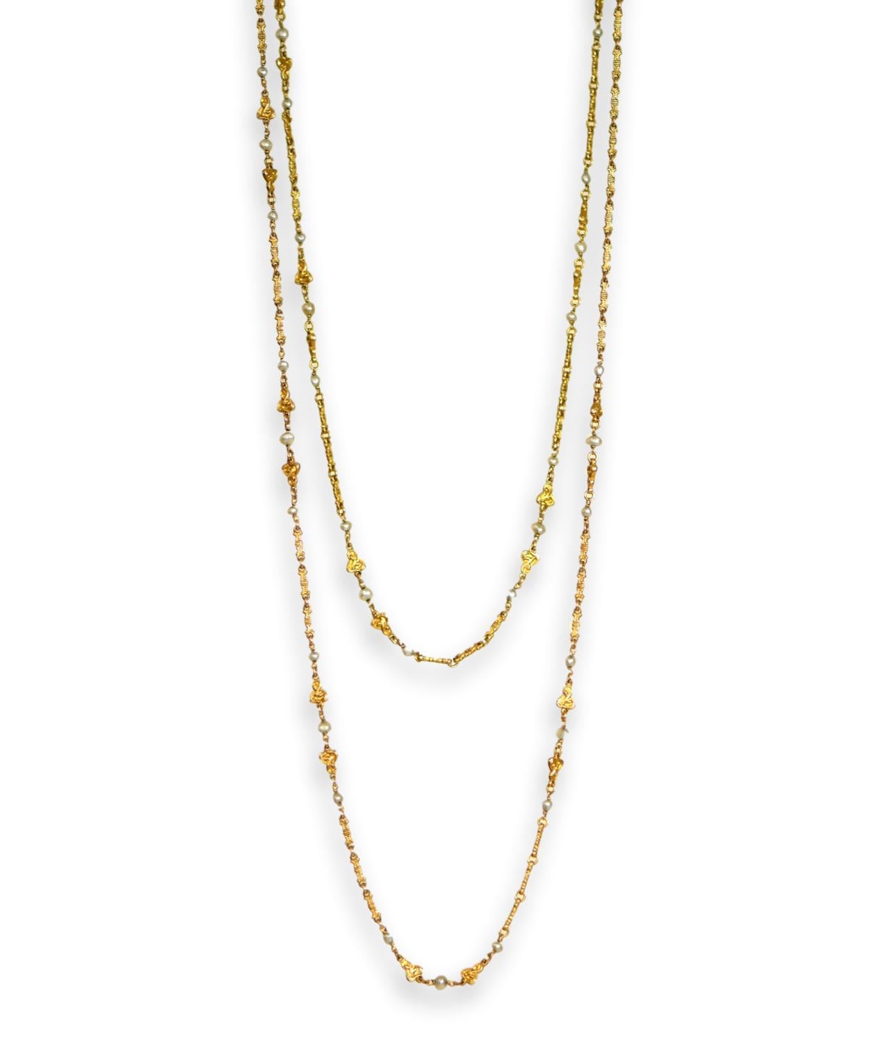 Art Nouveau French Gold Natural Pearl Long Chain, circa 1900 1