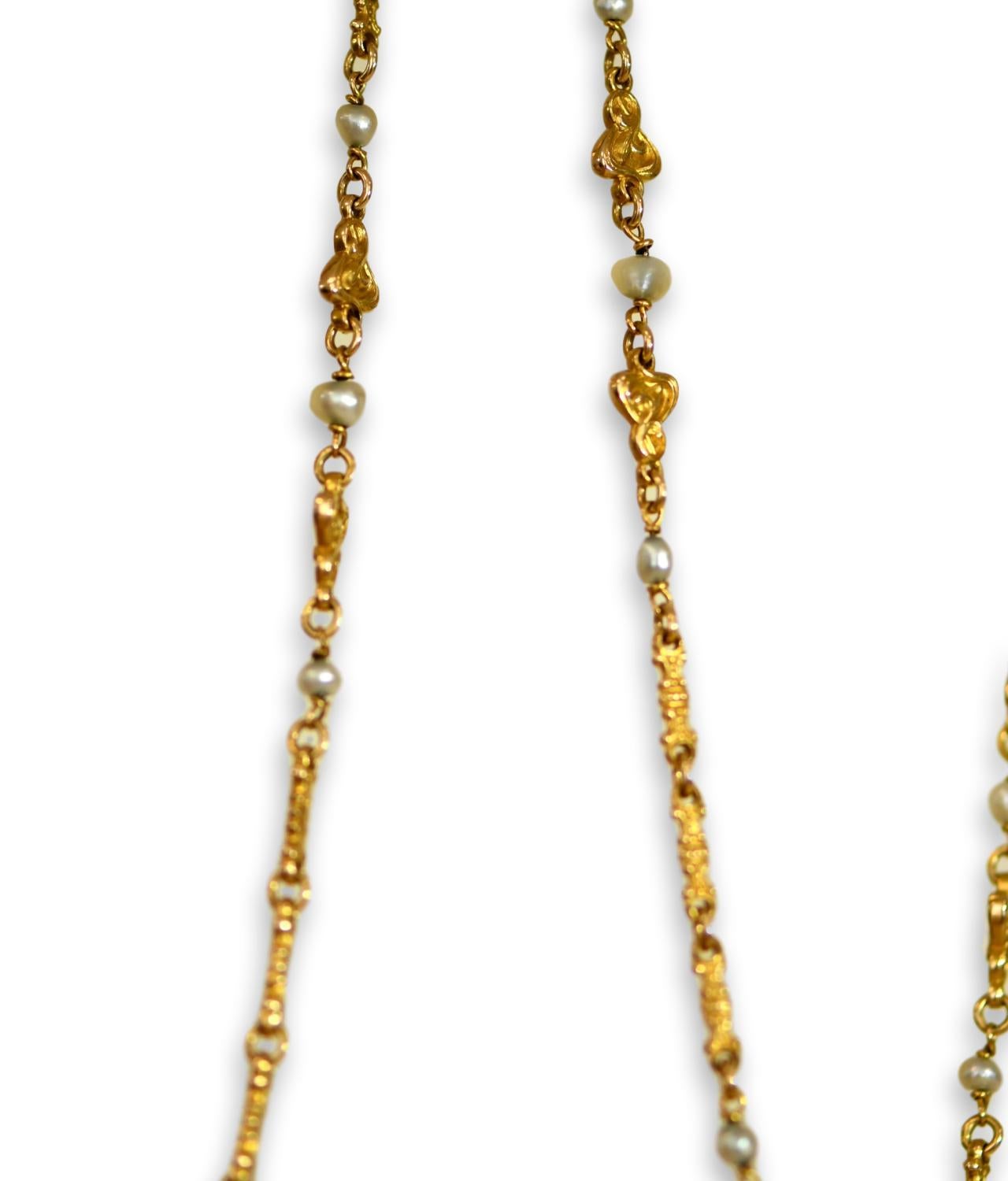 Art Nouveau French Gold Natural Pearl Long Chain, circa 1900 3
